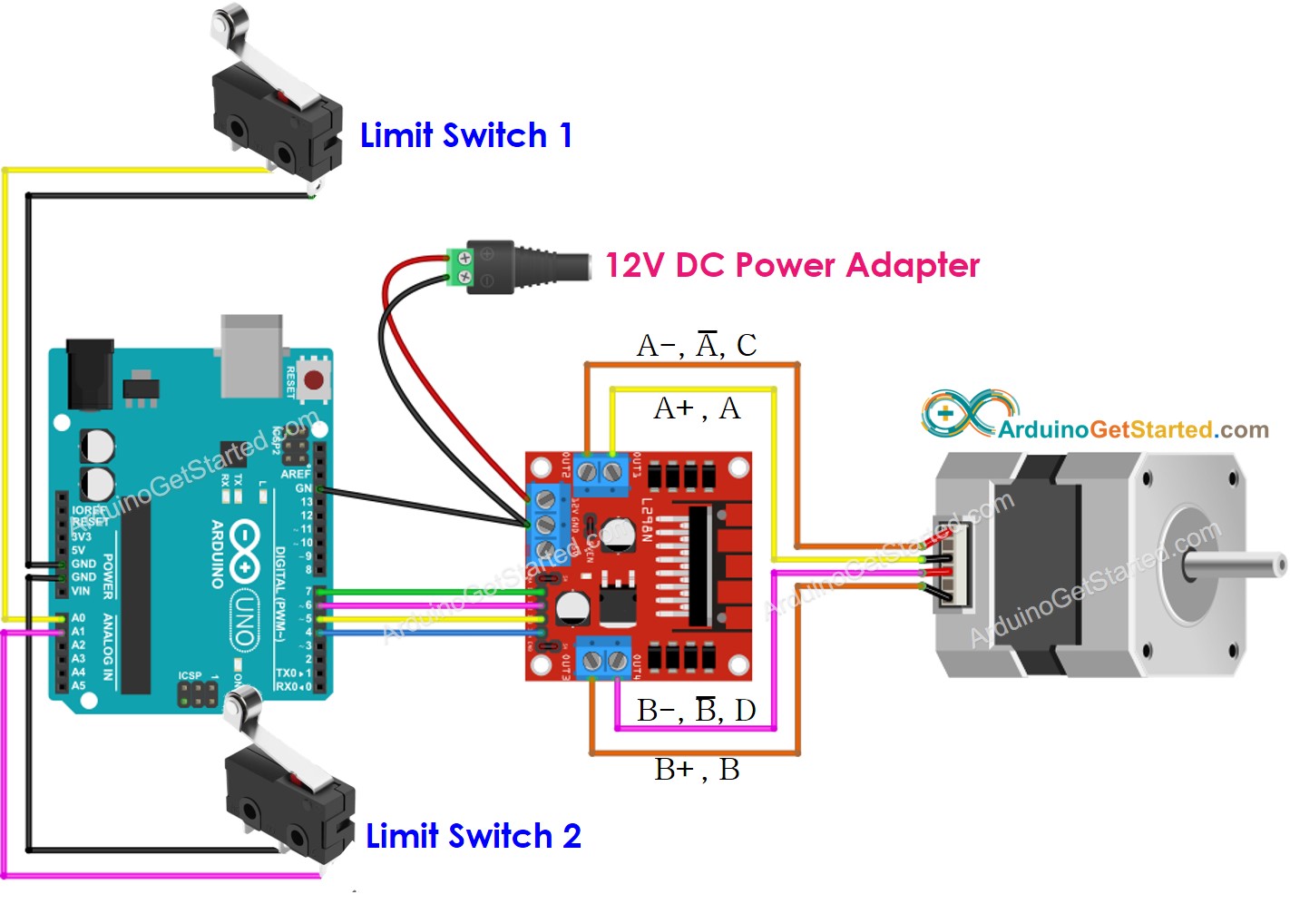 Schaltplan für Arduino-Schrittmotor und zwei Endschalter