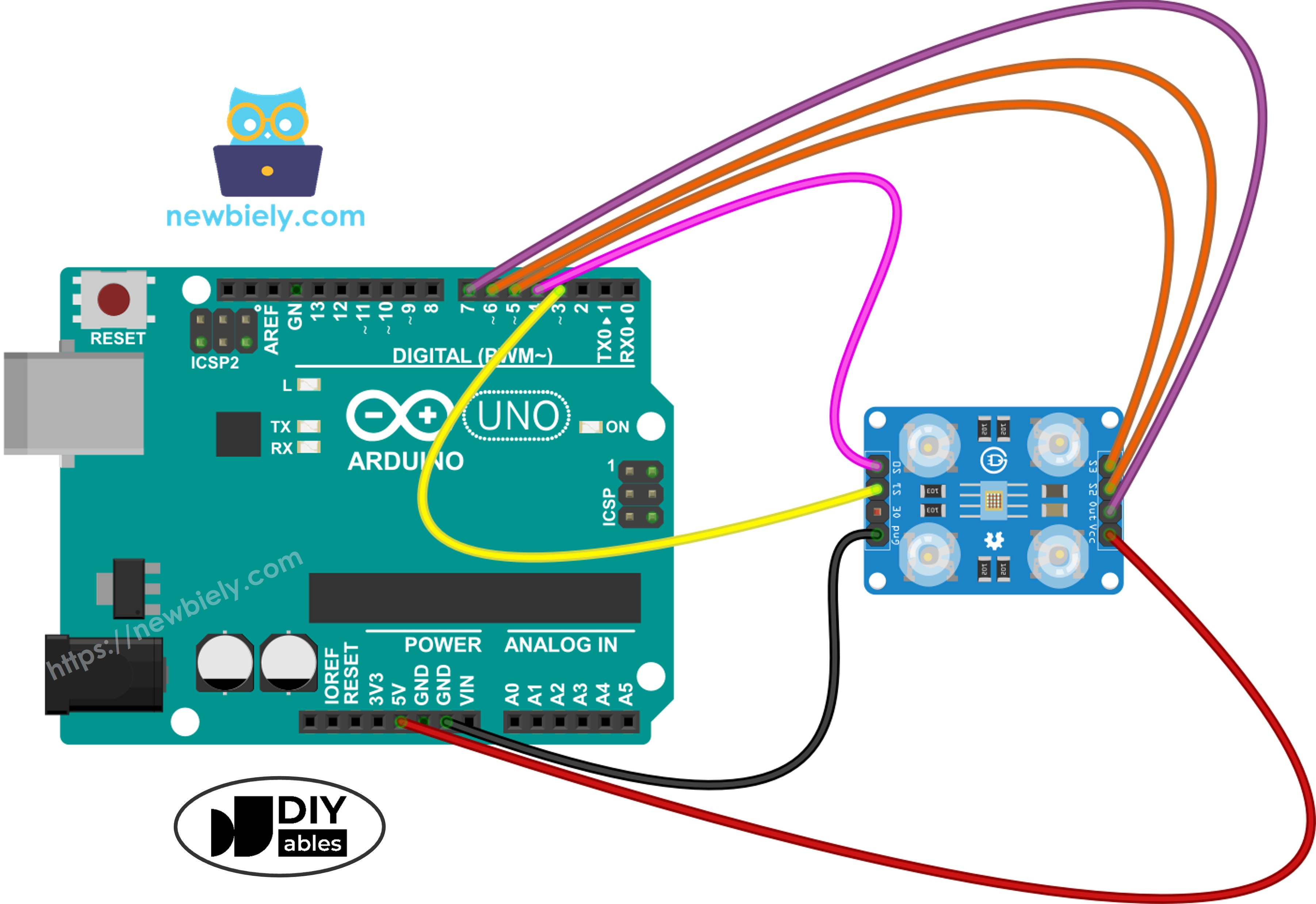 Arduino- und TCS3200-Farbsensor-Verdrahtungsdiagramm, das die Verbindung zwischen den Pins zeigt.
