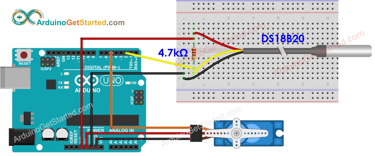 Arduino DS18B20-Servomotor-Verkabelungsdiagramm