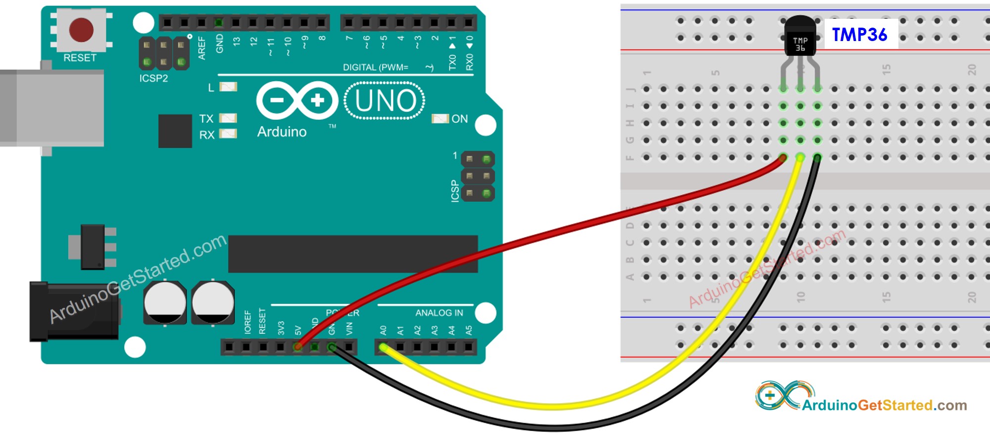 Arduino TMP36-Temperatursensor Verdrahtungsdiagramm