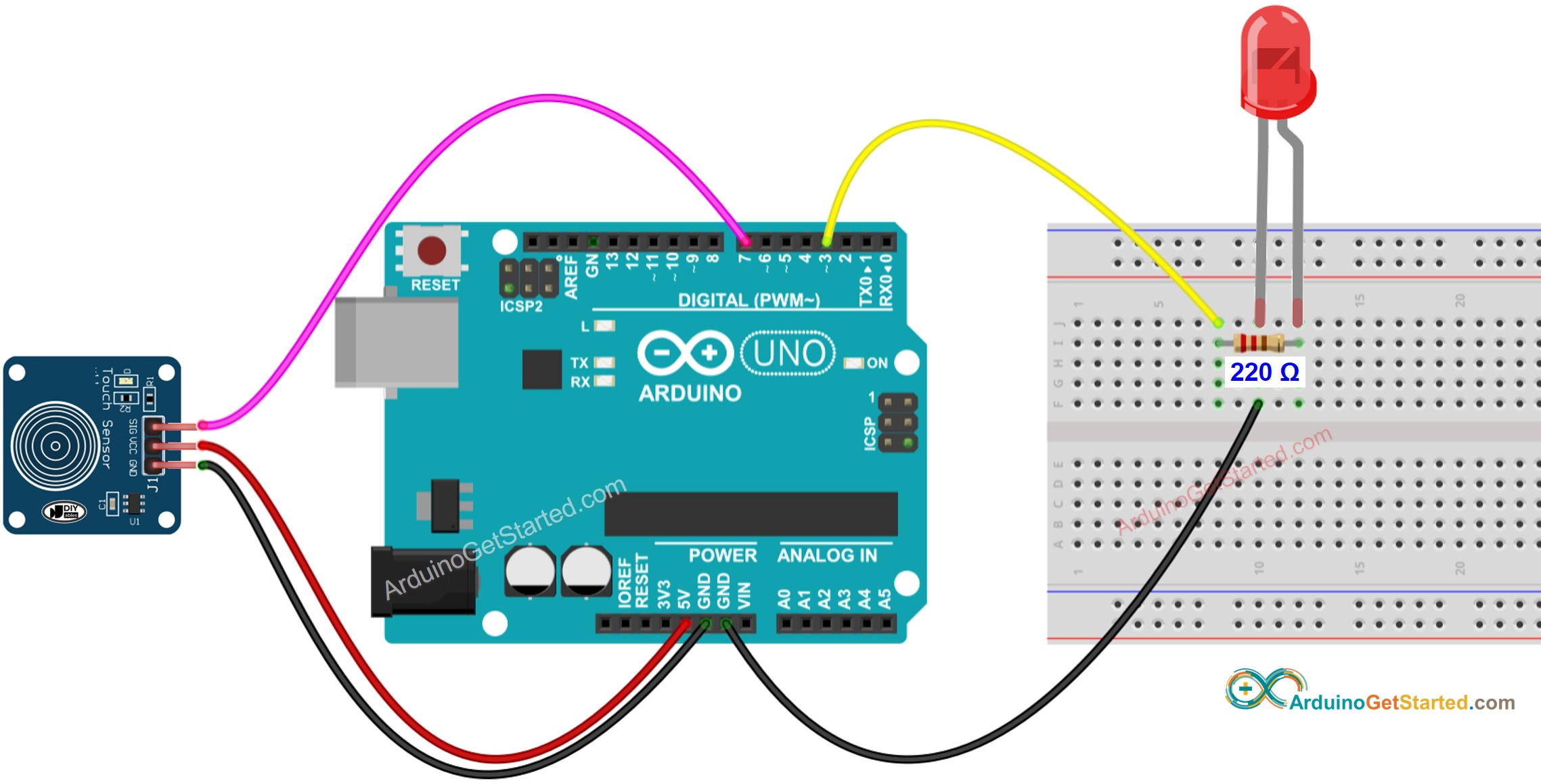 Arduino-Berührungssensor-LED-Verdrahtungsdiagramm