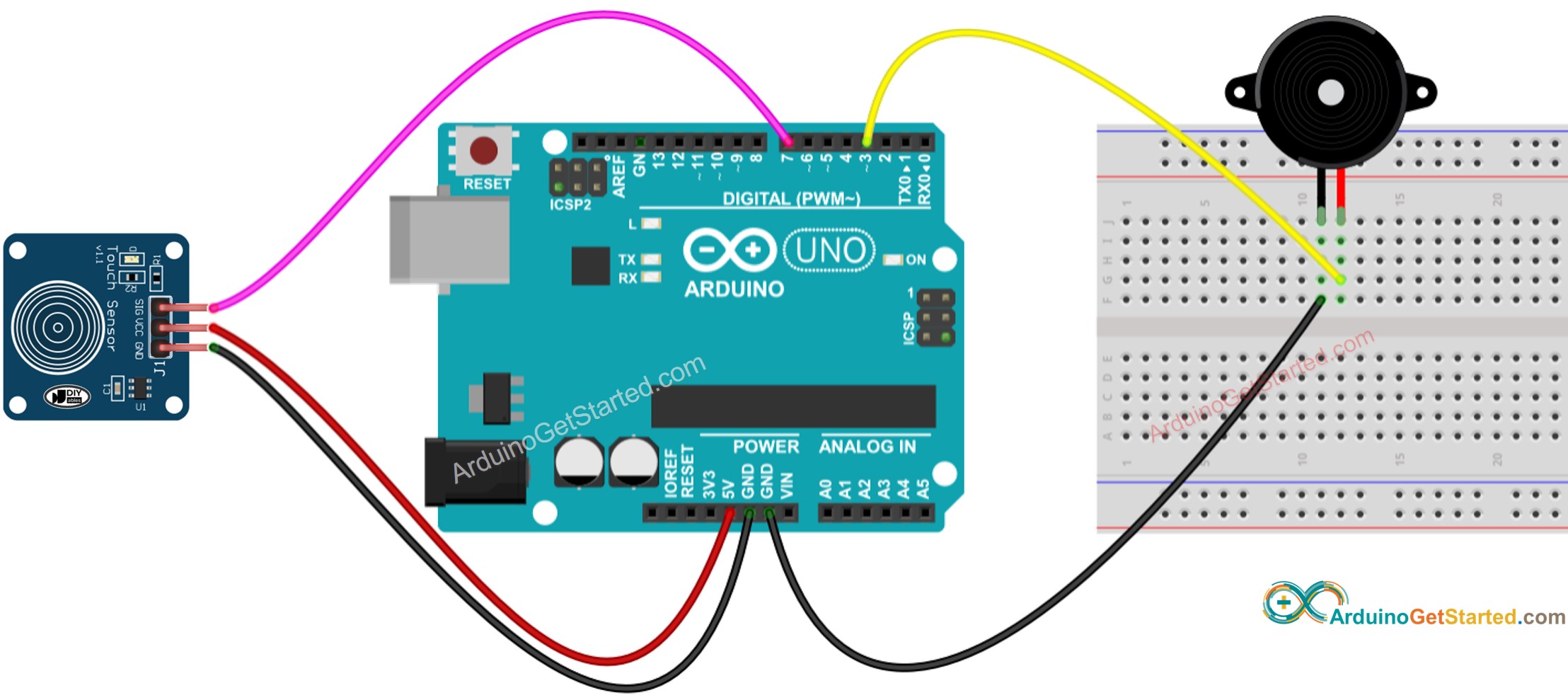 Arduino Berührungssensor Piezo-Buzzer Verdrahtungsdiagramm