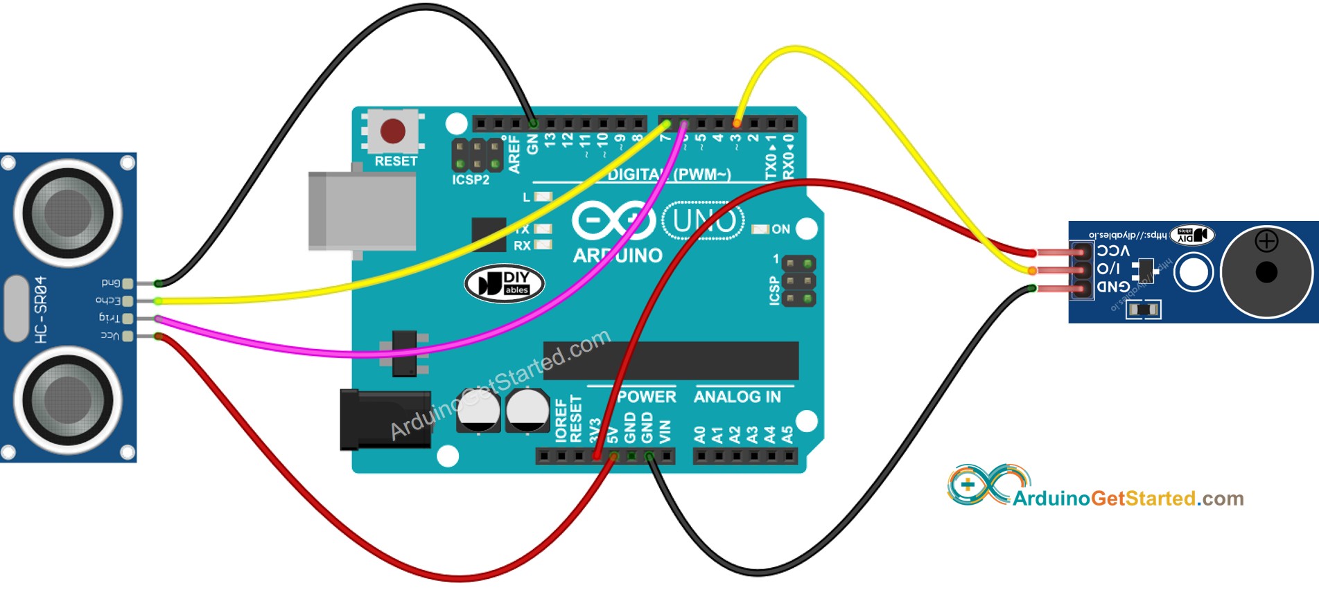 Arduino Ultraschallsensor Piezo-Buzzer-Modul Verdrahtungsdiagramm