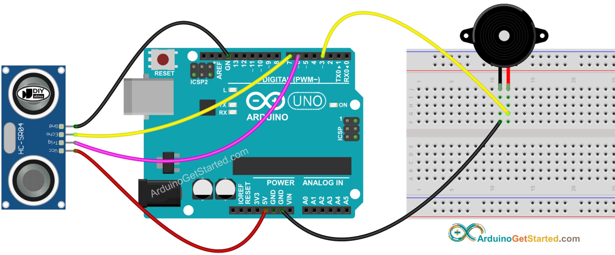 Arduino Ultraschallsensor Piezo-Buzzer Verdrahtungsdiagramm