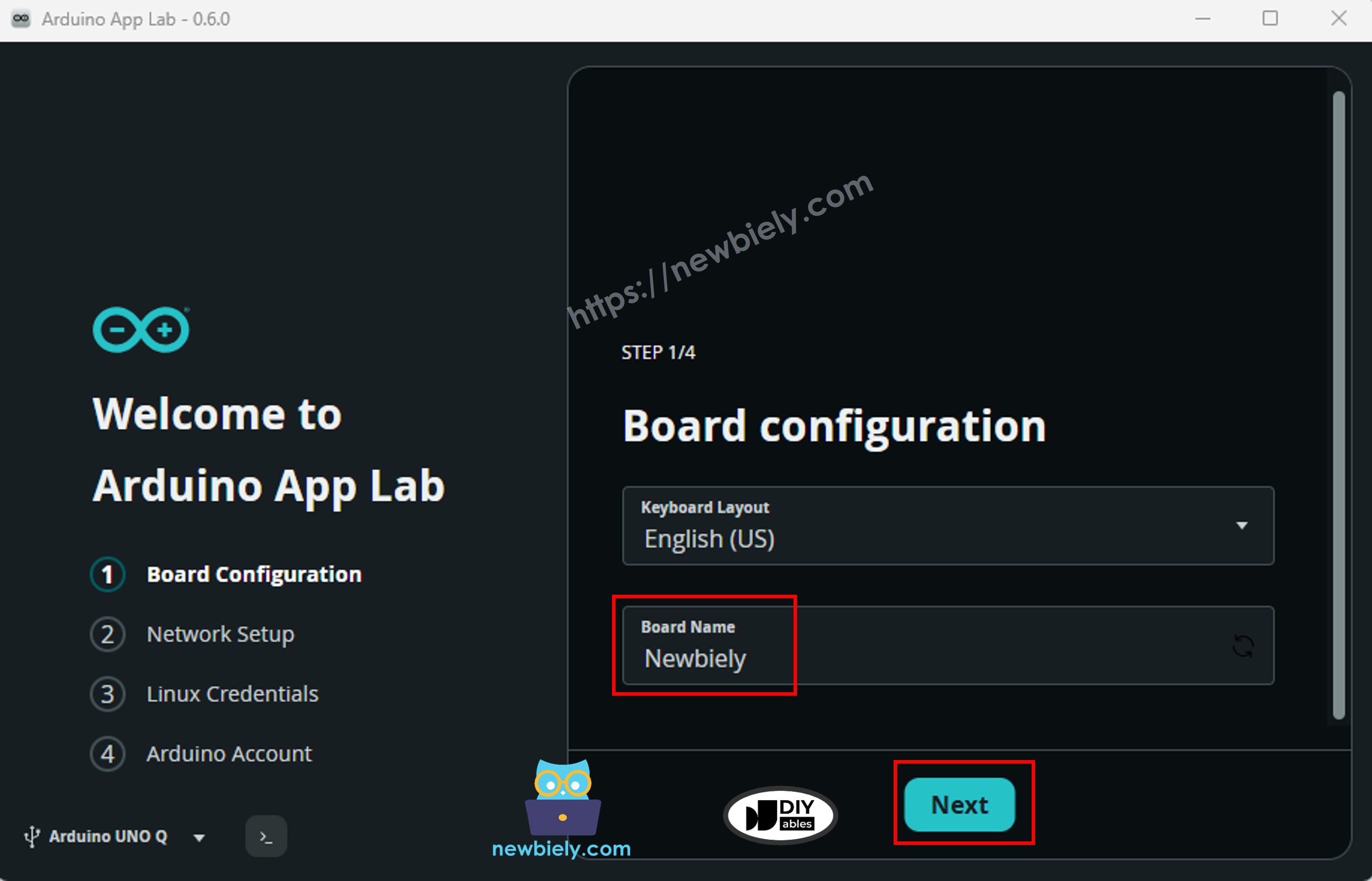 Arduino App Lab – Platinen-Namenekonfiguration
