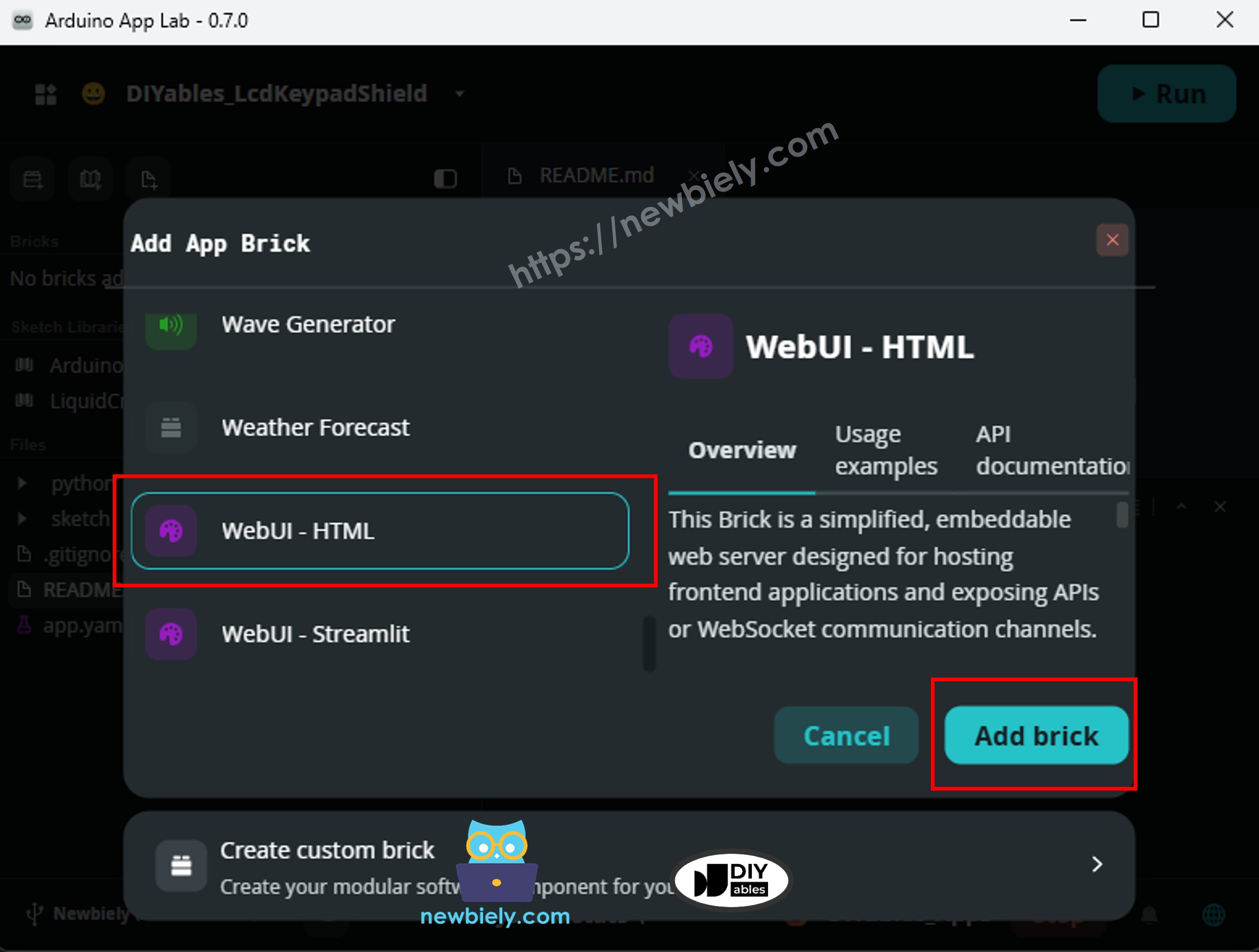 WebUI - HTML Brick ausgewählt im Arduino App Lab Bricks-Katalog