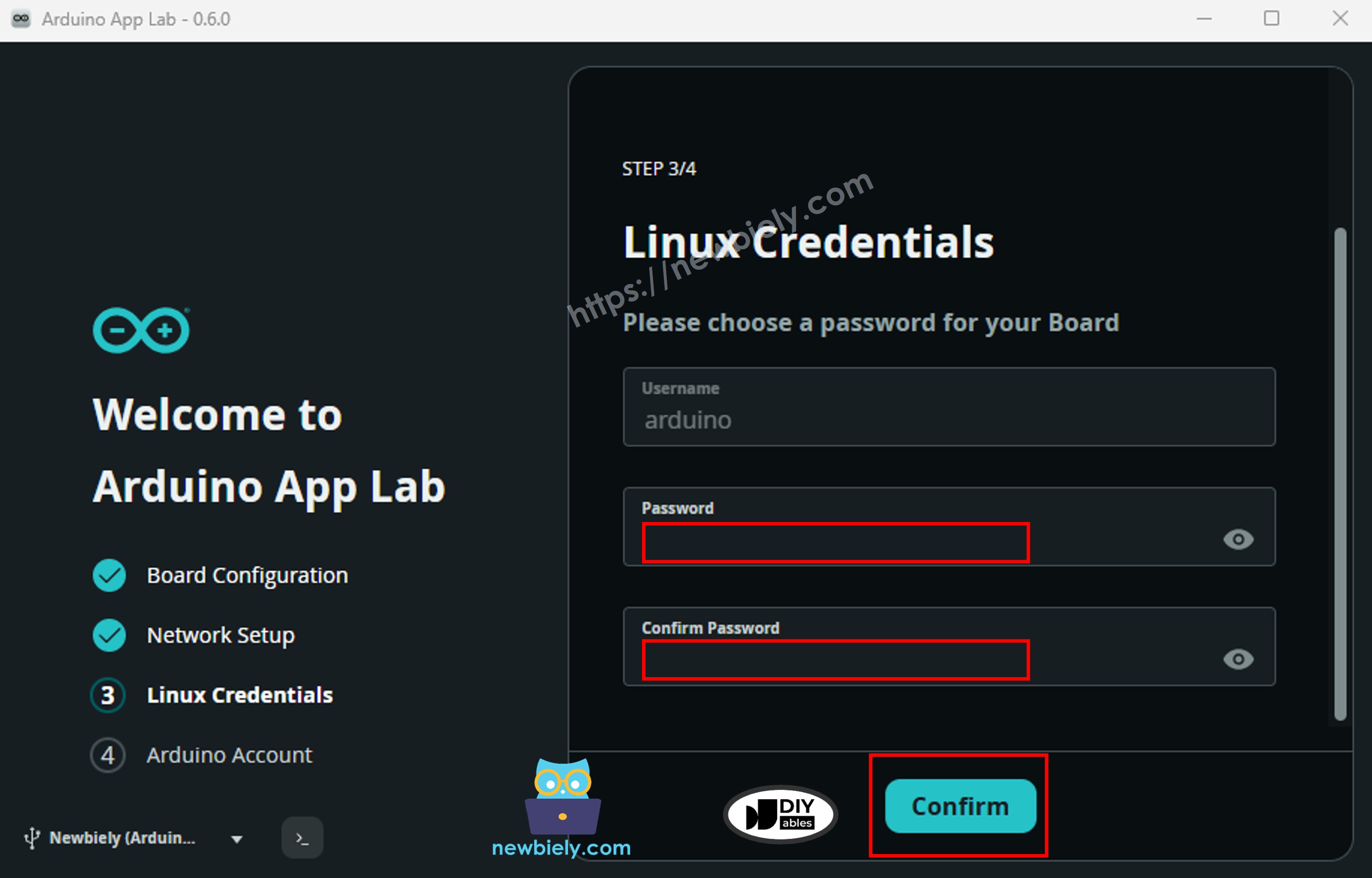 Arduino App Lab – Linux-Anmeldedaten