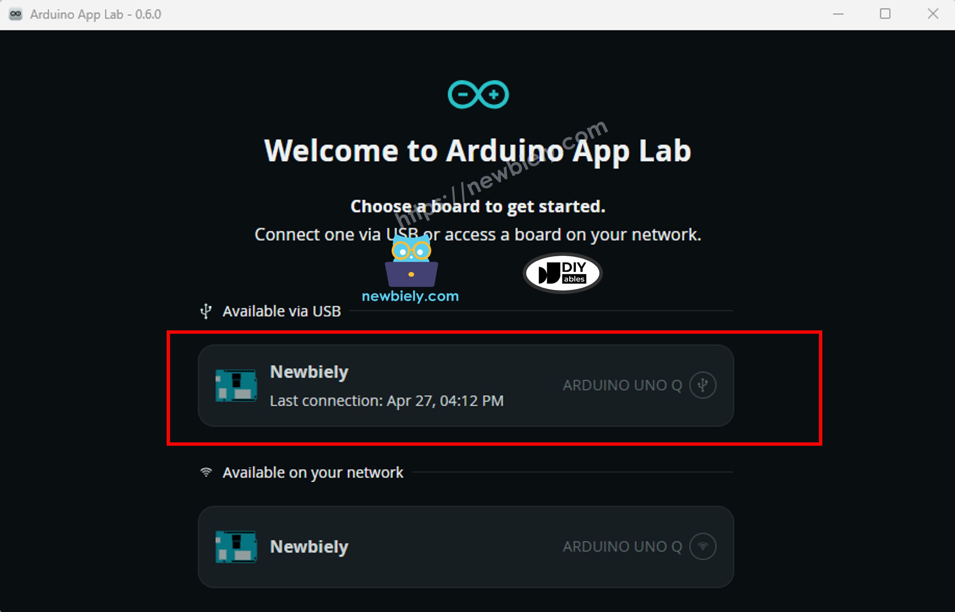 Arduino App Lab – Verbindung wählen