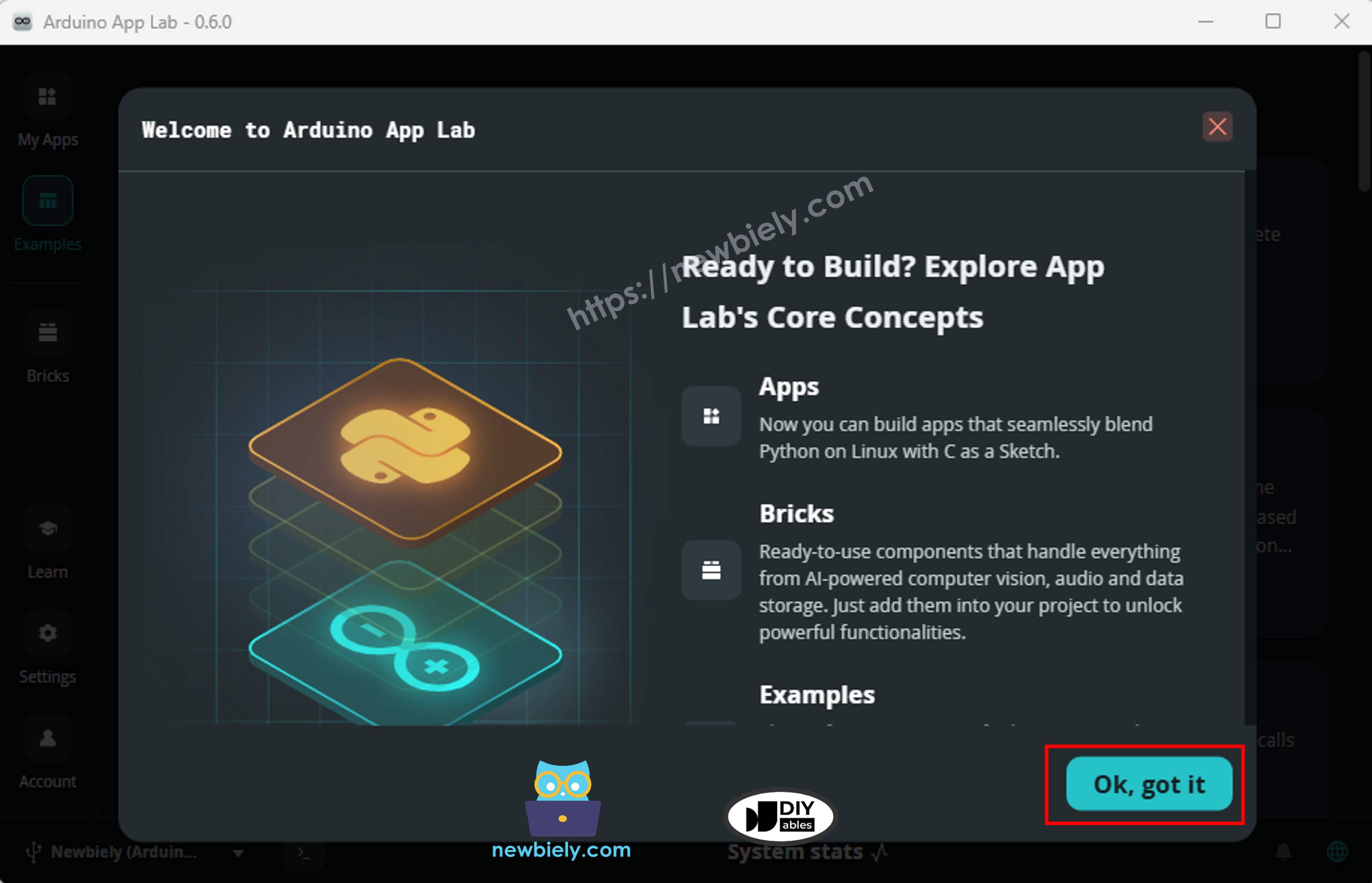 Arduino App Lab – Willkommensbildschirm