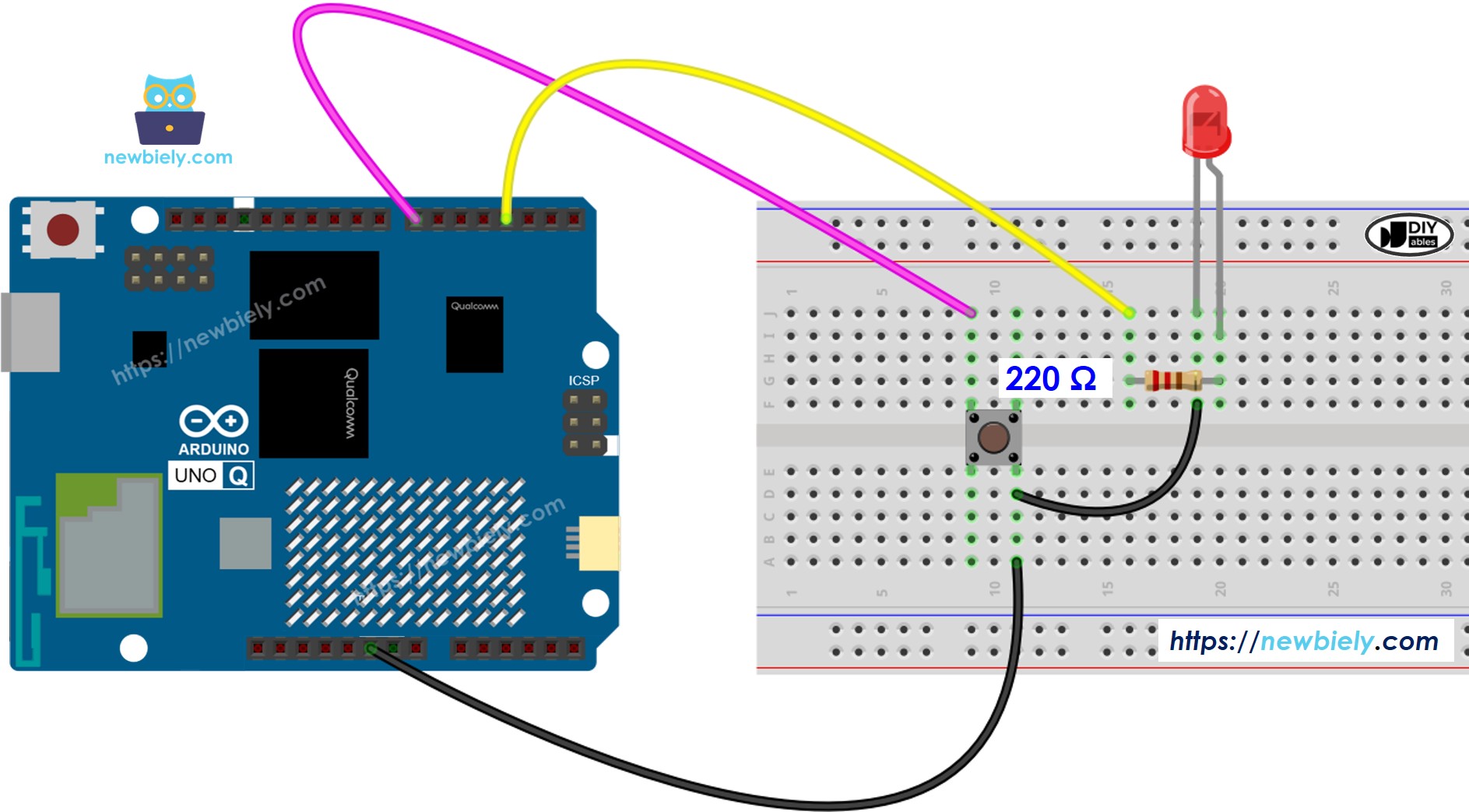 Arduino UNO Q Button LED Verdrahtungsschema