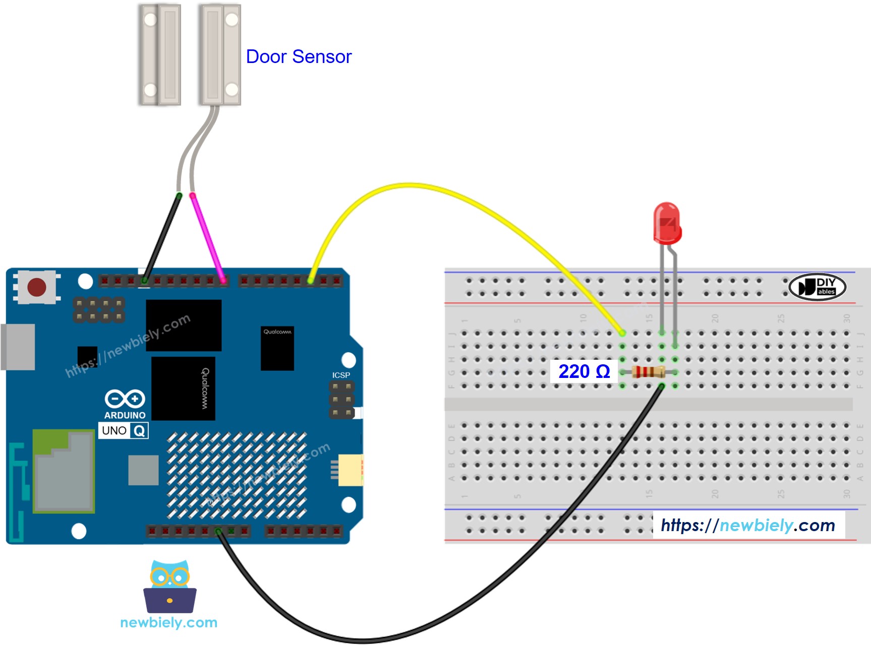 Arduino UNO Q Türsensor LED Verdrahtungsdiagramm