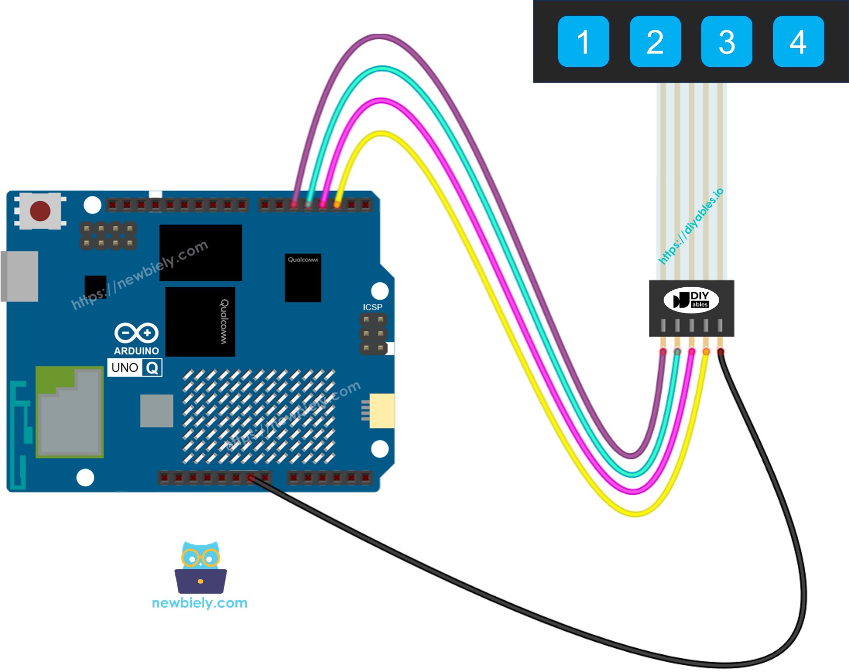 Arduino UNO Q Tastenfeld 1x4 Verdrahtungsplan
