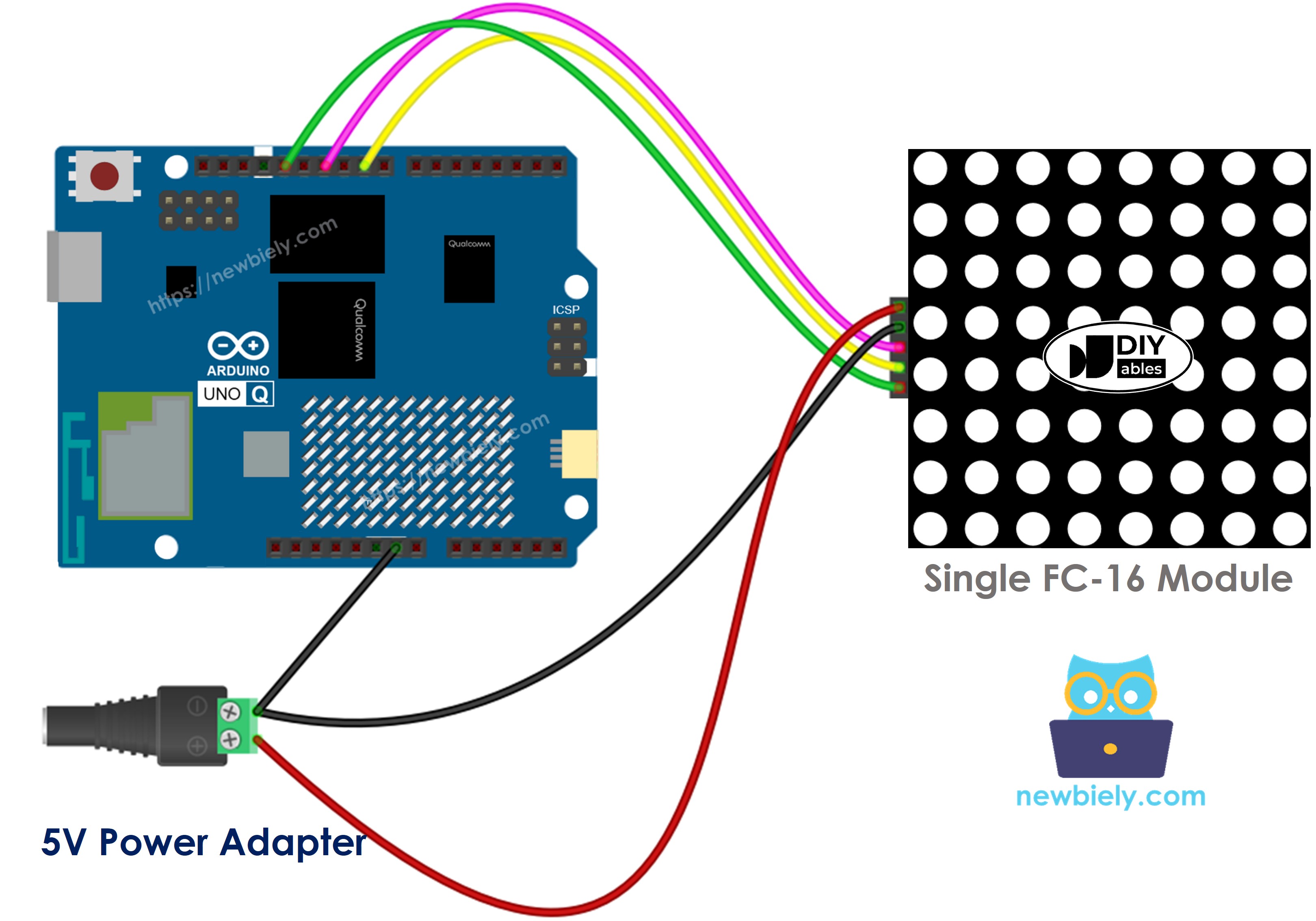 Arduino UNO Q 8x8 LED matrix FC-16 wiring diagram