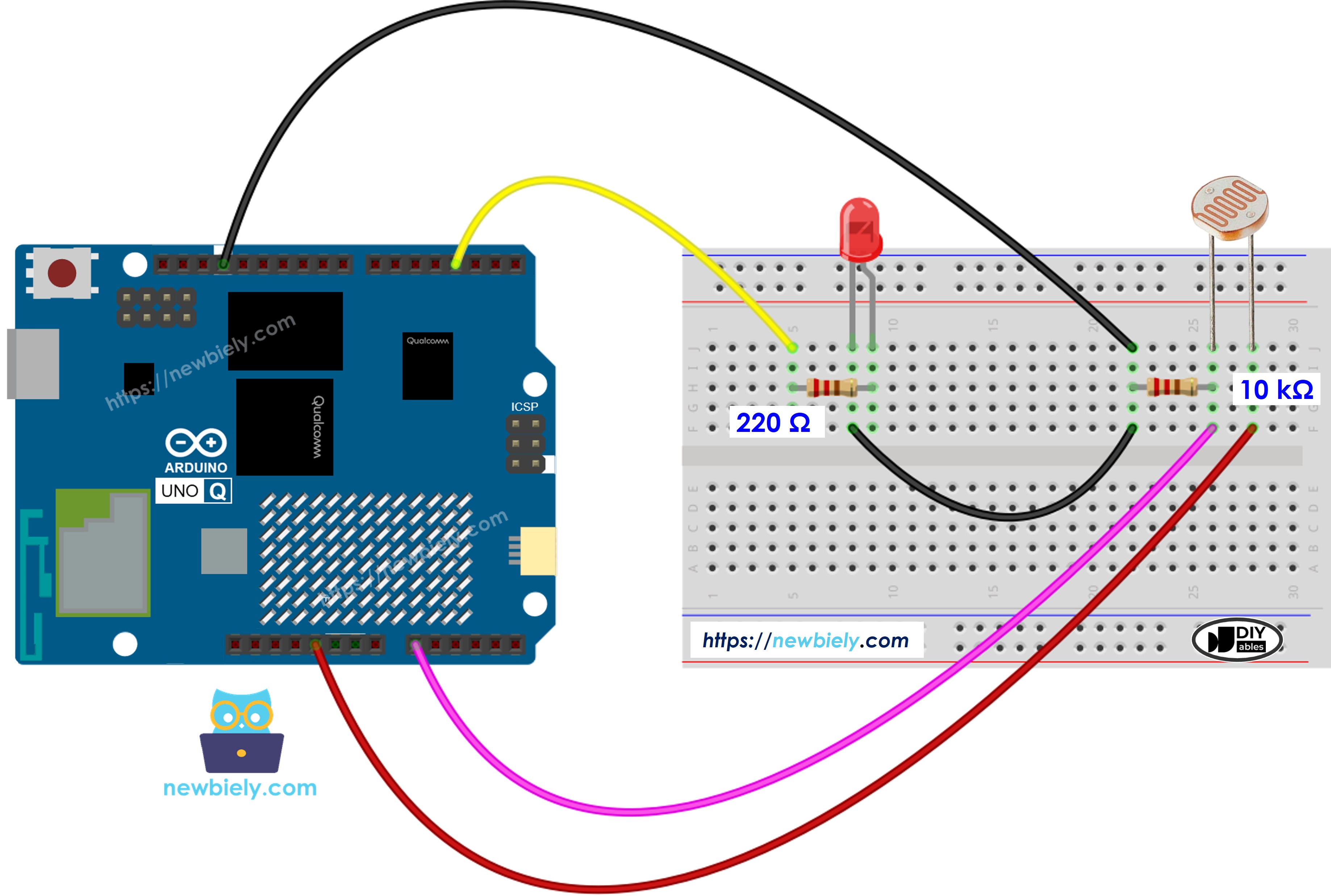Arduino UNO Q Lichtsensor LED Schaltplan