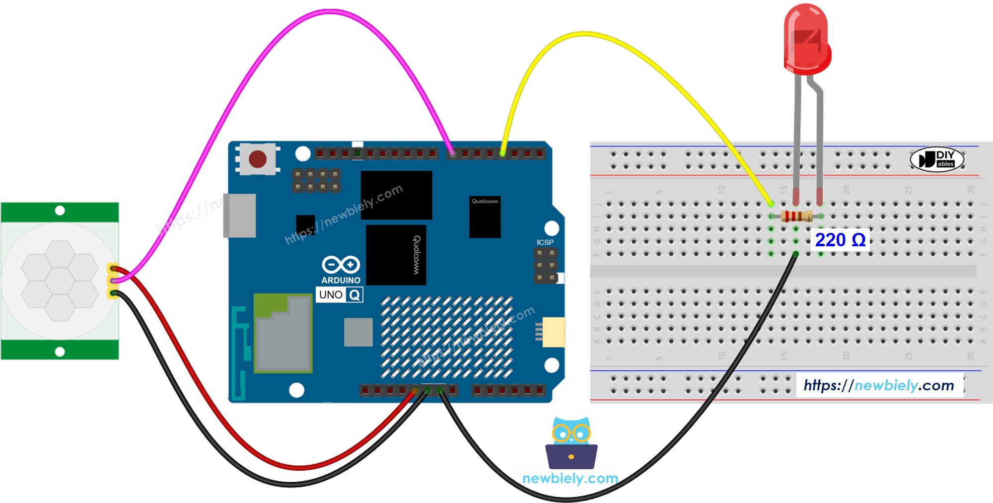 Arduino UNO Q Motion Sensor LED Wiring Diagram