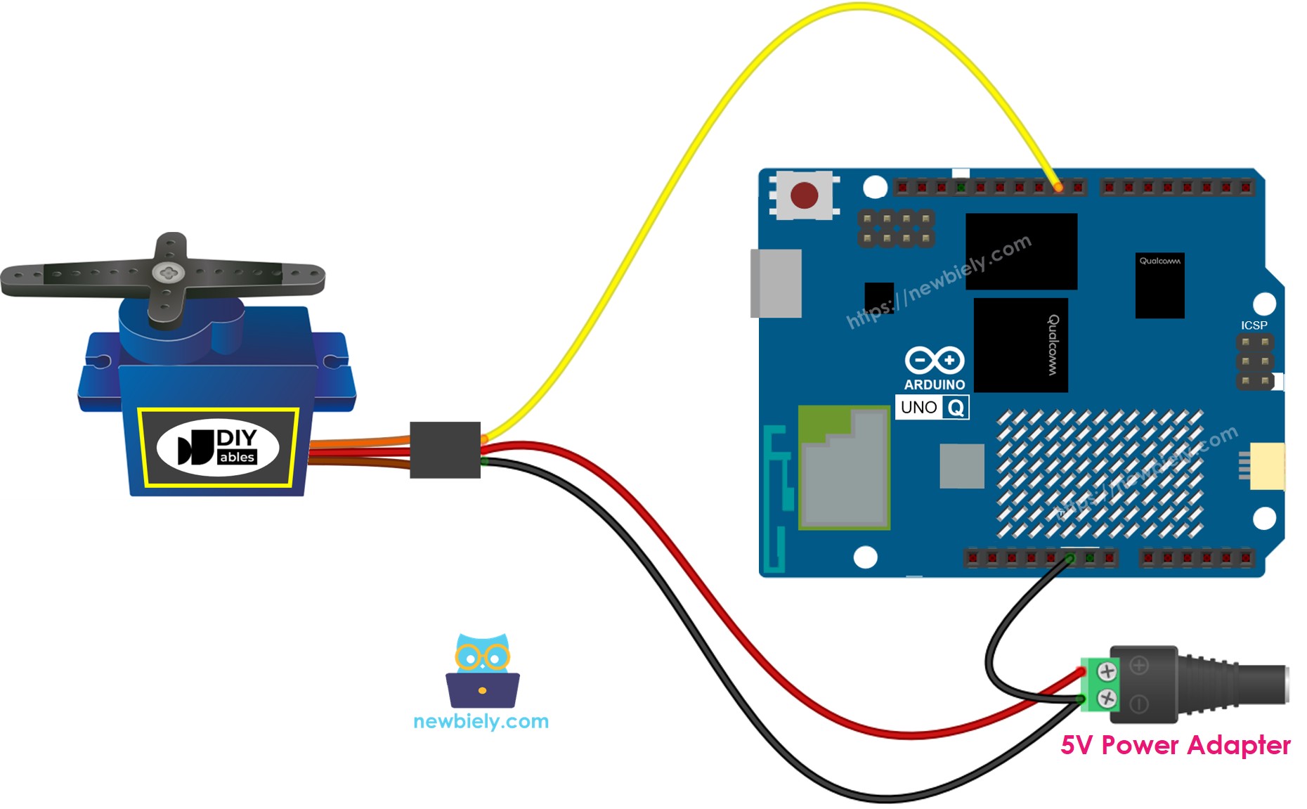 Arduino UNO Q Servomotor externe Stromversorgung Verdrahtungsschema