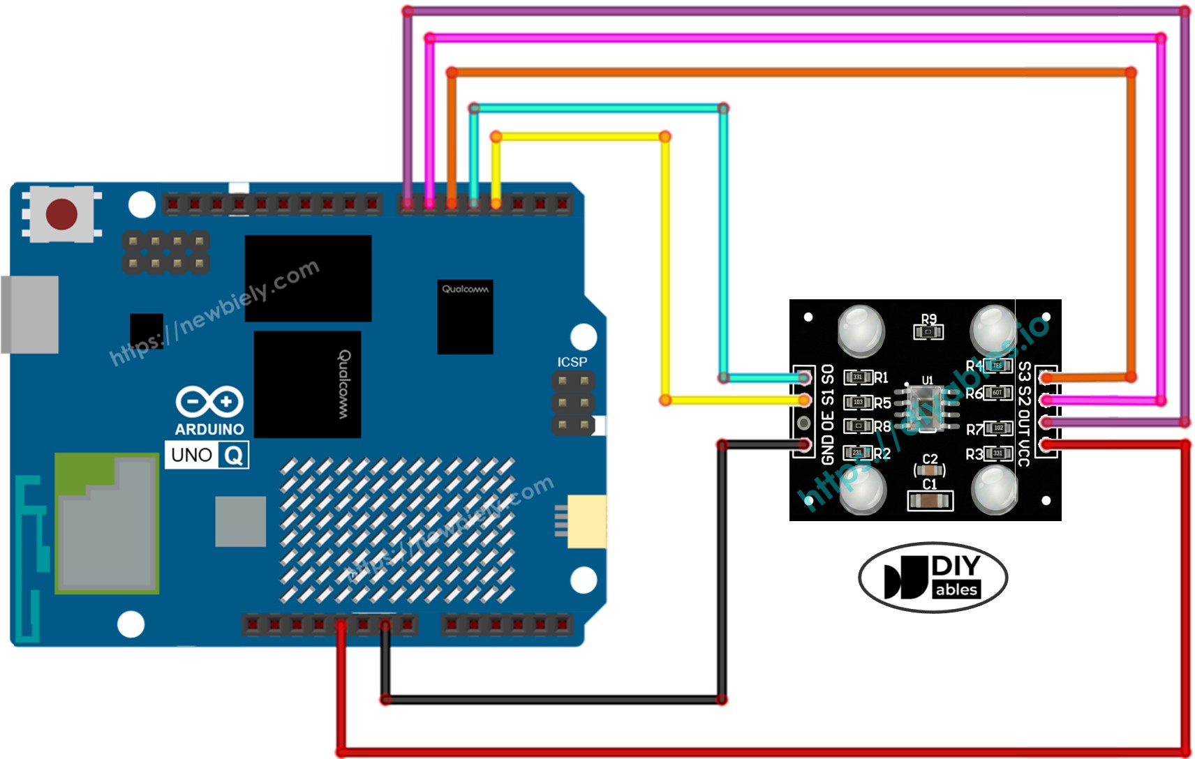 Arduino UNO Q TCS3200 Color Sensor Schaltplan
