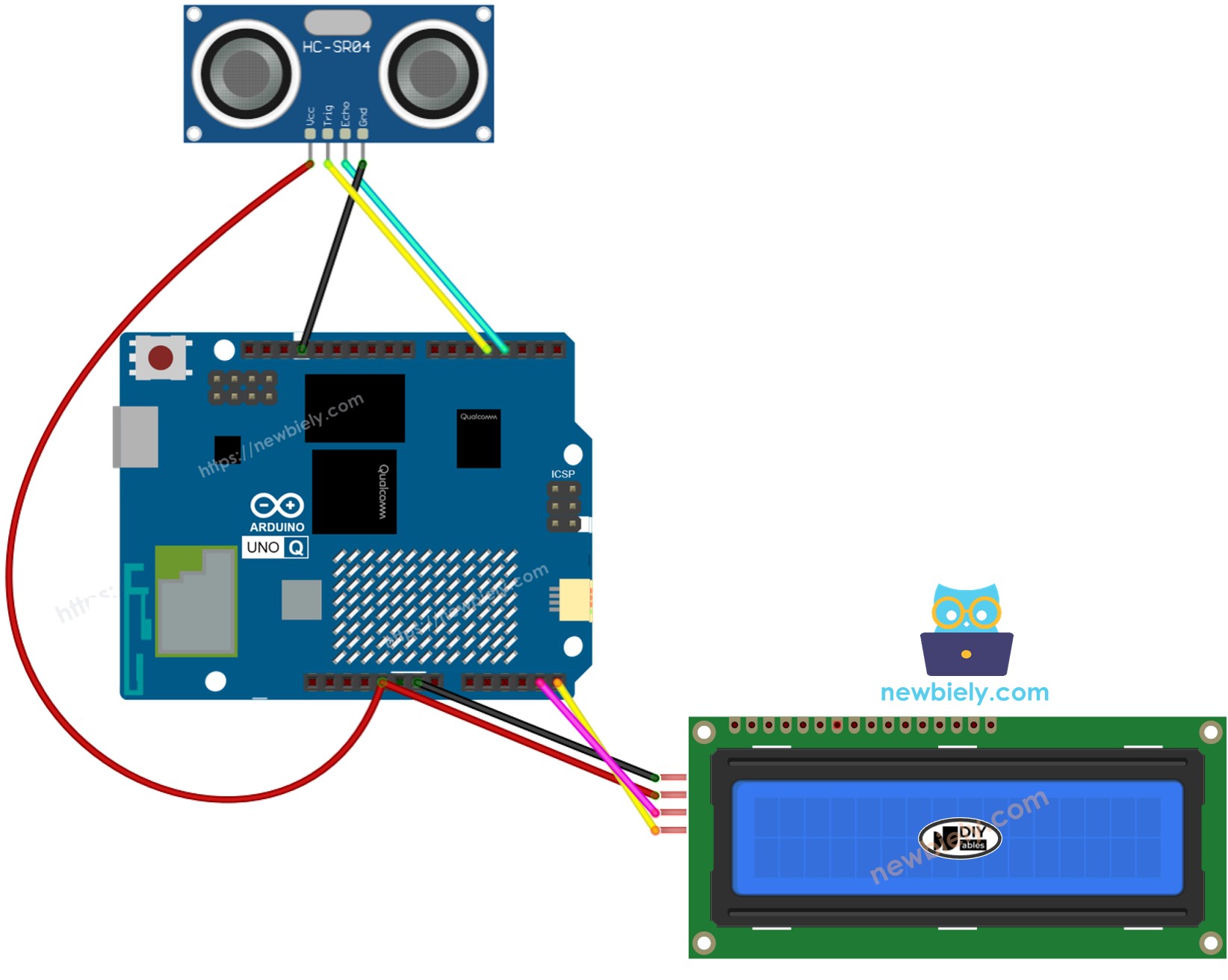 Arduino UNO Q Ultraschallsensor LCD Schaltschema
