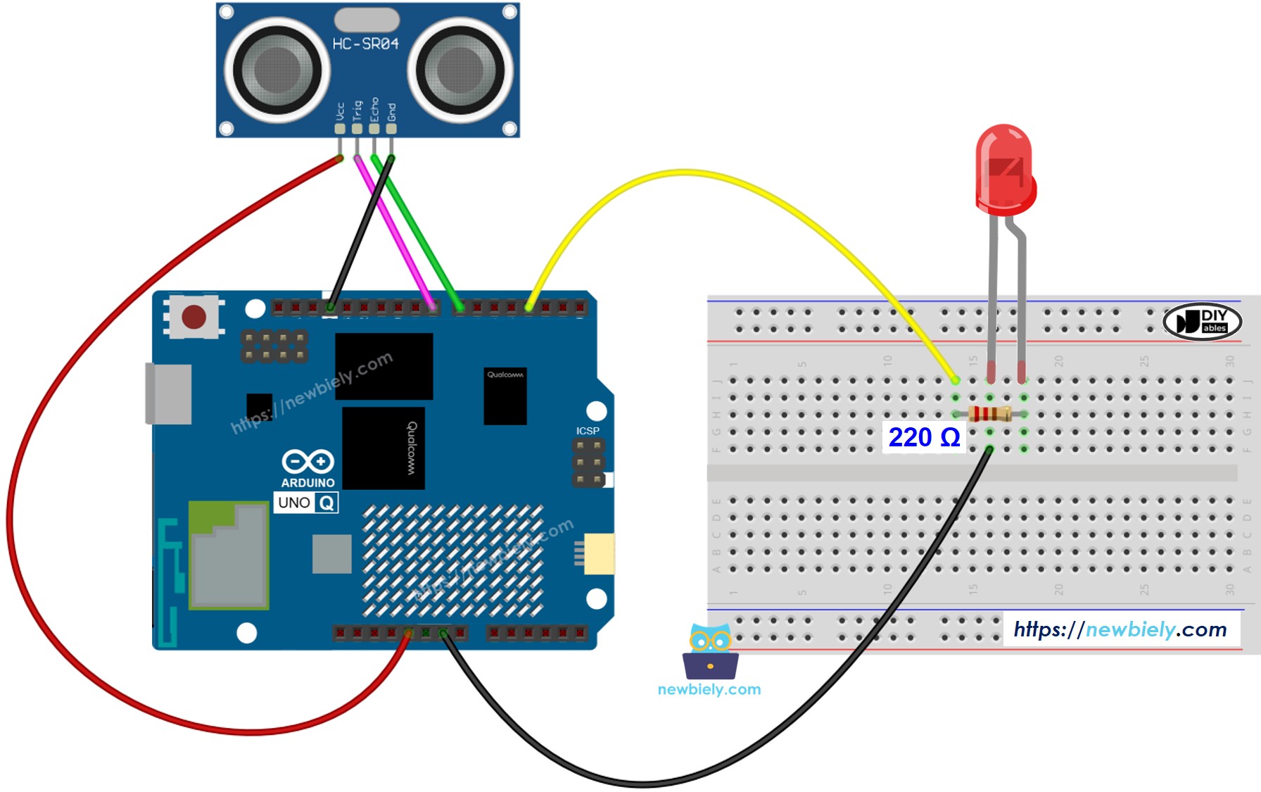 Arduino UNO Q Ultraschallsensor LED Schaltschema