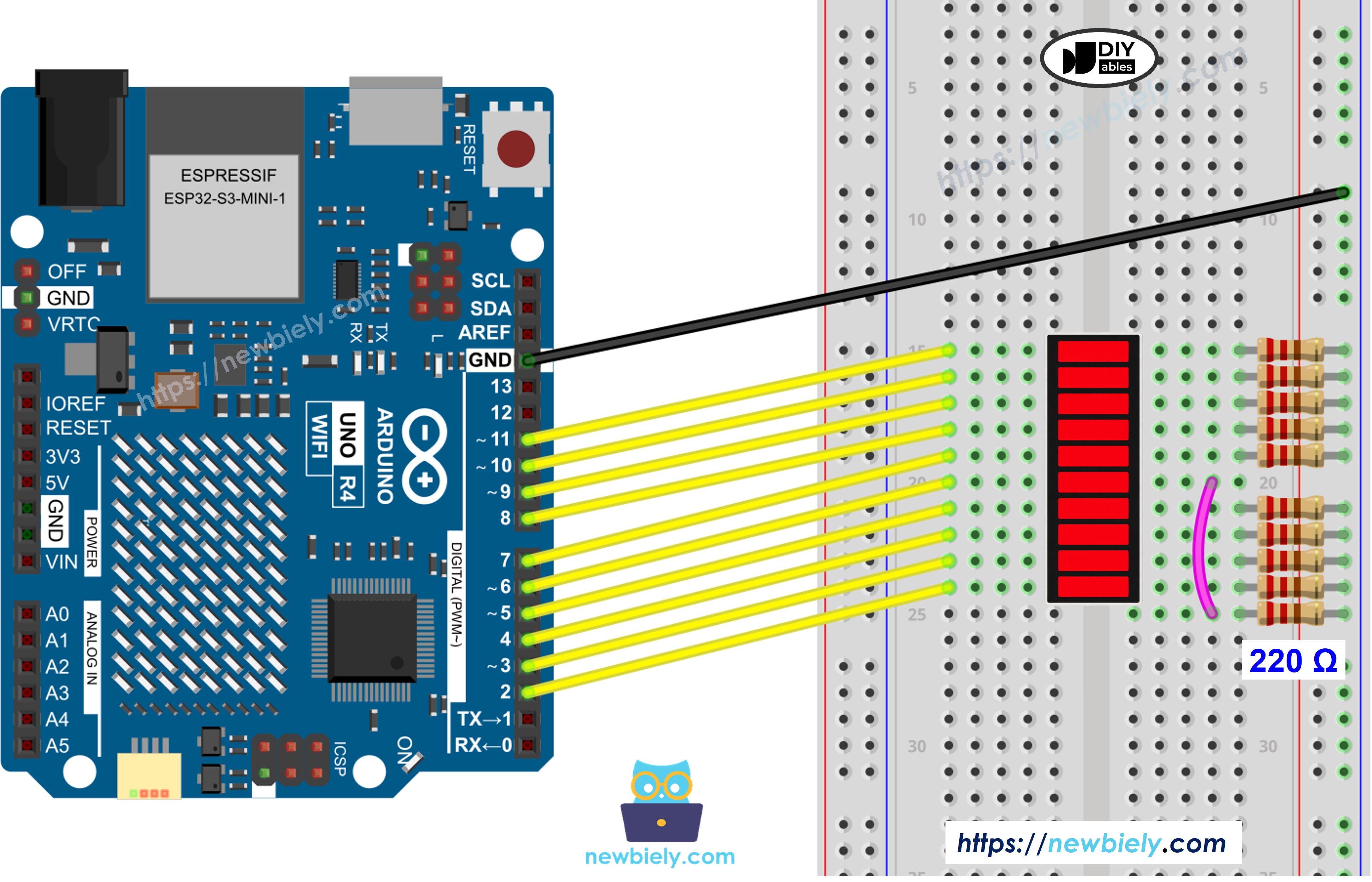 Schaltplan Arduino UNO R4 und 10-Segment-LED-Balkenanzeige