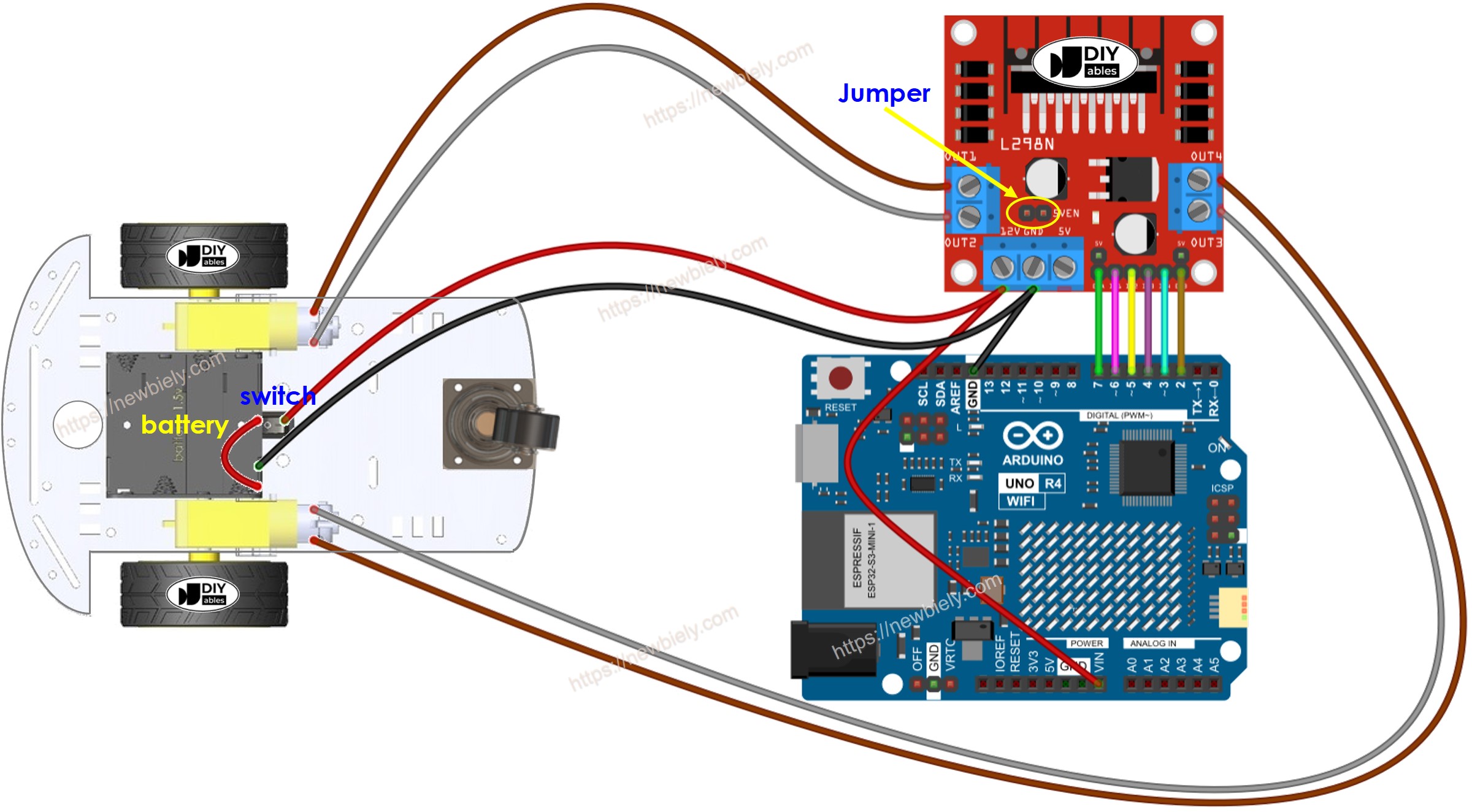 Arduino UNO R4 2WD RC-Car Verdrahtungsdiagramm