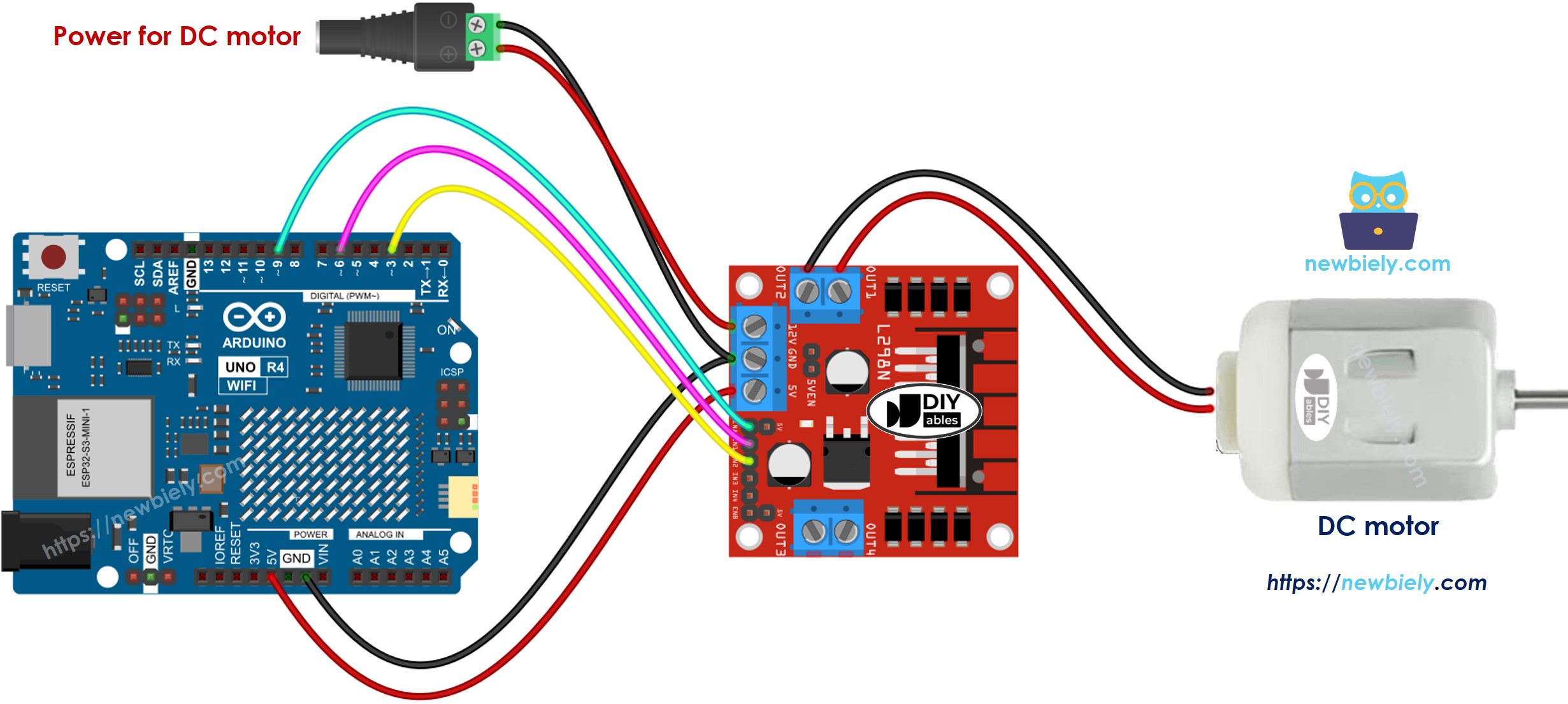 Arduino UNO R4 DC-Motor L298N Treiber Verdrahtungsdiagramm