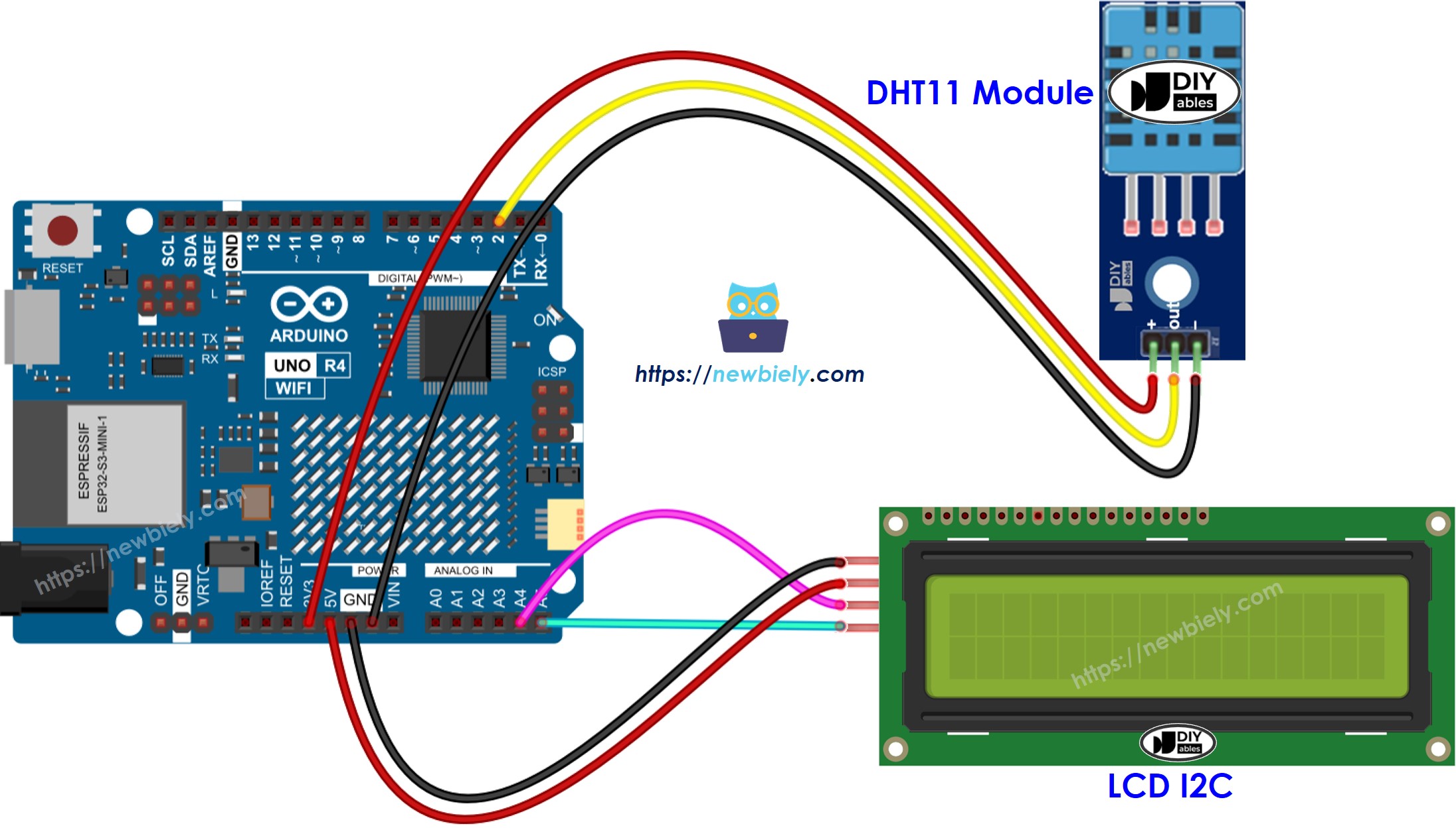 Arduino UNO R4 DHT11 LCD Verdrahtungsdiagramm