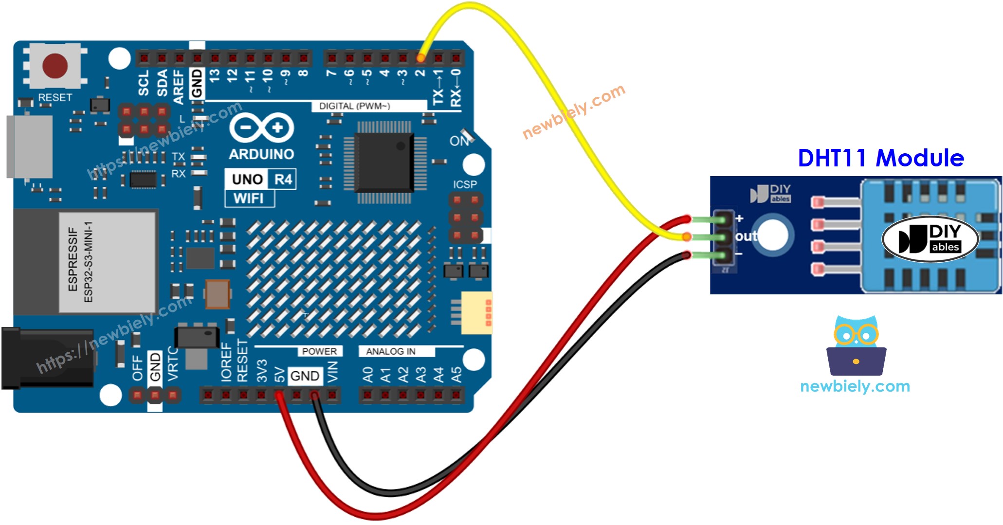 Arduino UNO R4 DHT11 Temperatur- und Feuchtigkeitsmodul Verdrahtungsdiagramm