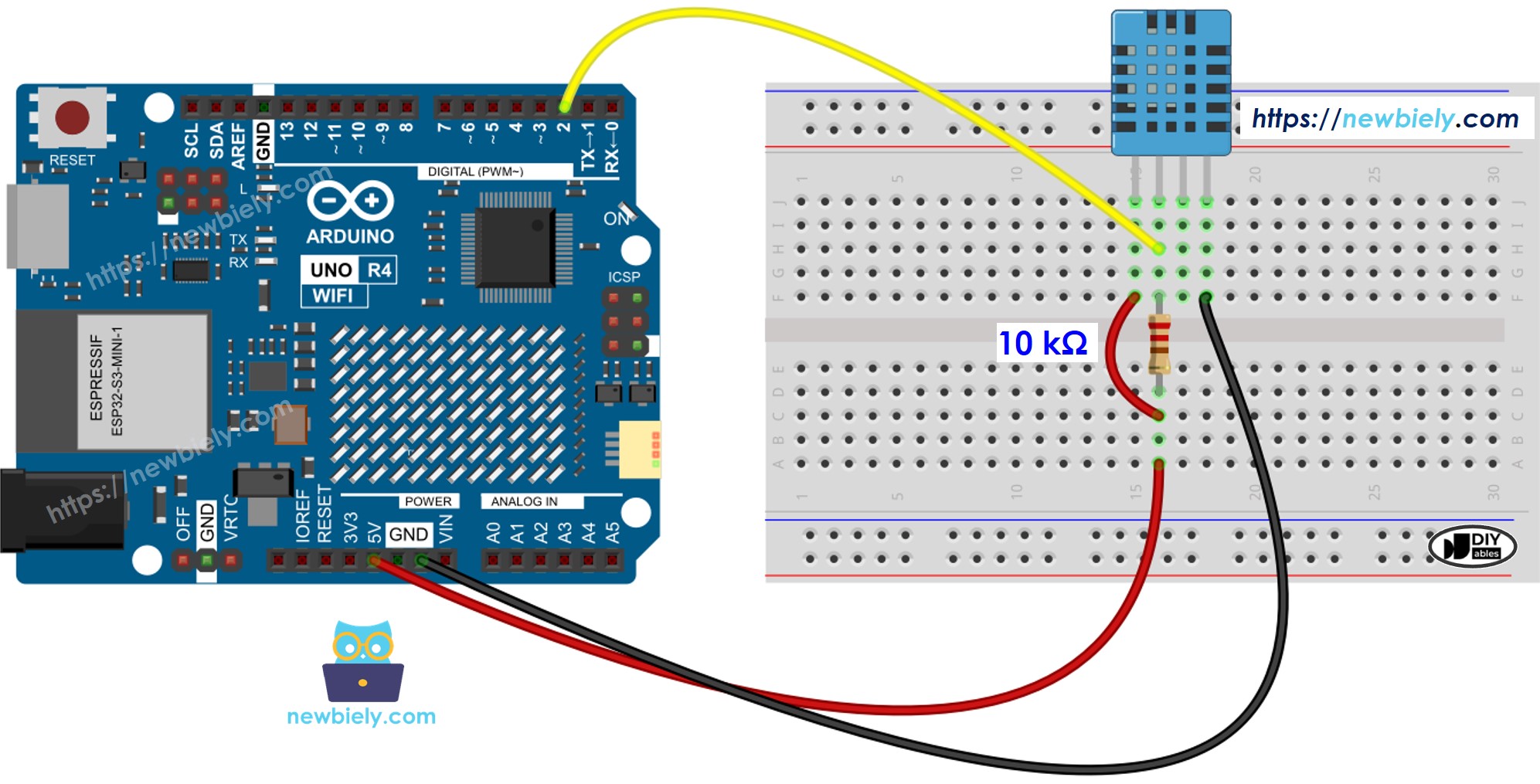 Arduino UNO R4 DHT11 Temperatur- und Feuchtigkeitssensor Verdrahtungsdiagramm
