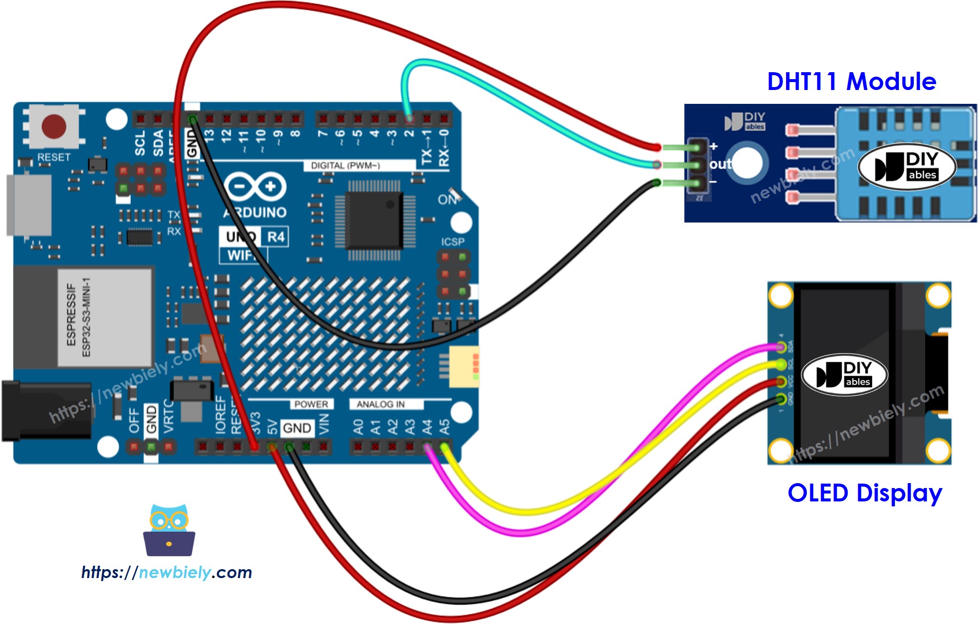 Arduino UNO R4 DHT11 Temperatur- und Feuchtigkeitssensor-Modul OLED Verdrahtungsdiagramm