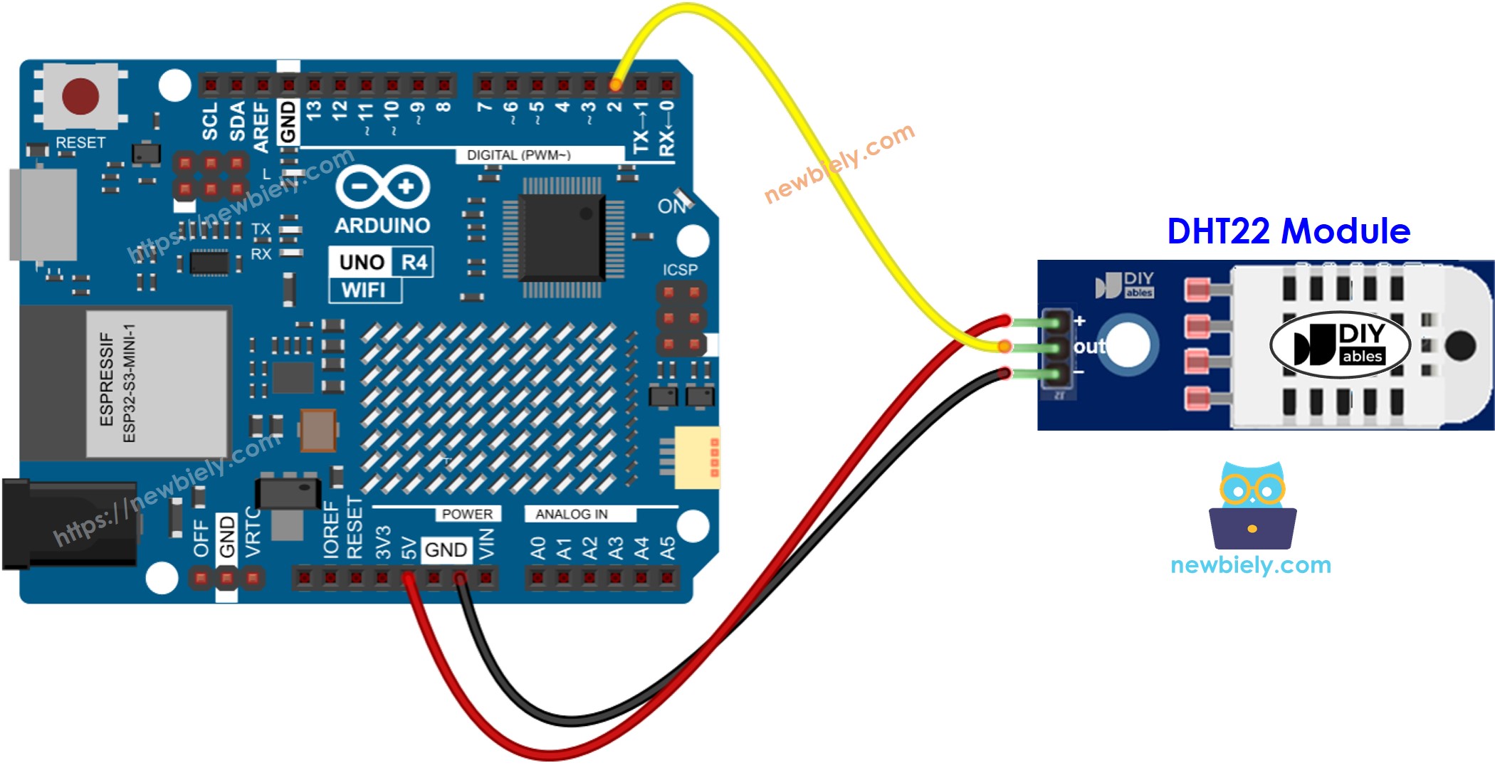 Arduino UNO R4 DHT22 Temperatur- und Luftfeuchtigkeitsmodul Verdrahtungsdiagramm