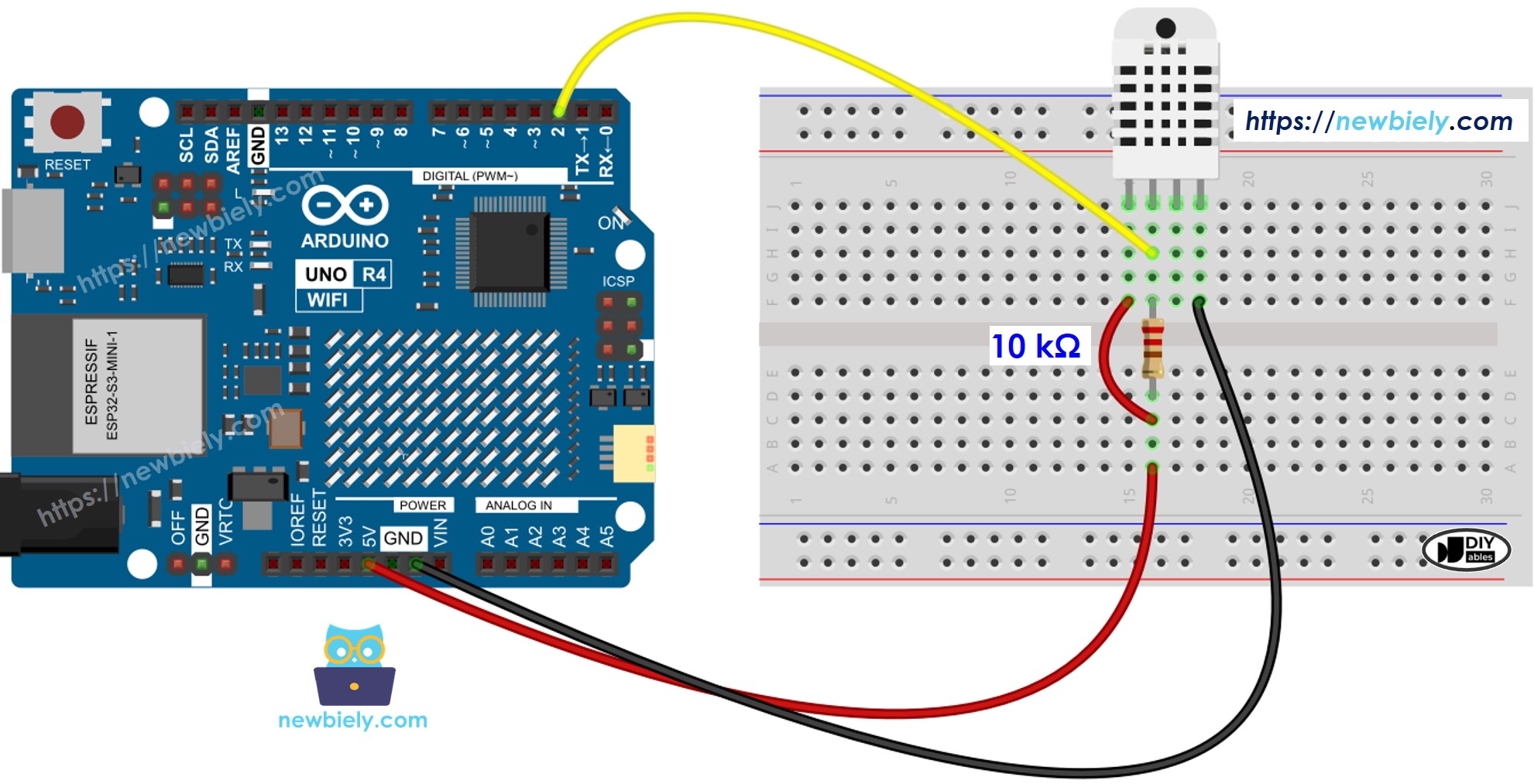 Arduino UNO R4 DHT22 Temperatur- und Luftfeuchtigkeitssensor Verdrahtungsdiagramm