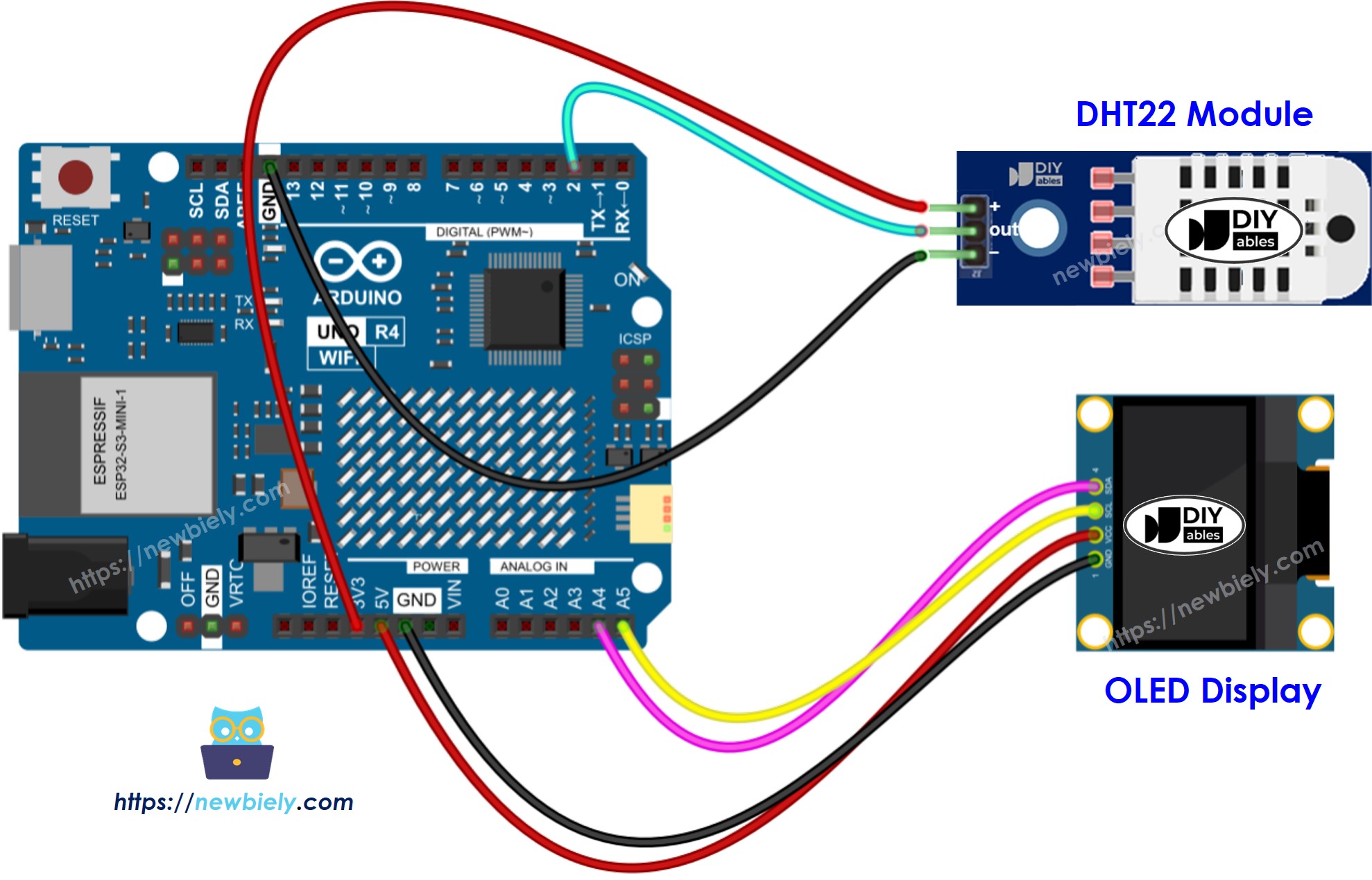 Arduino UNO R4 DHT22 Temperatur- und Feuchtigkeitssensor-Modul OLED Verdrahtungsdiagramm