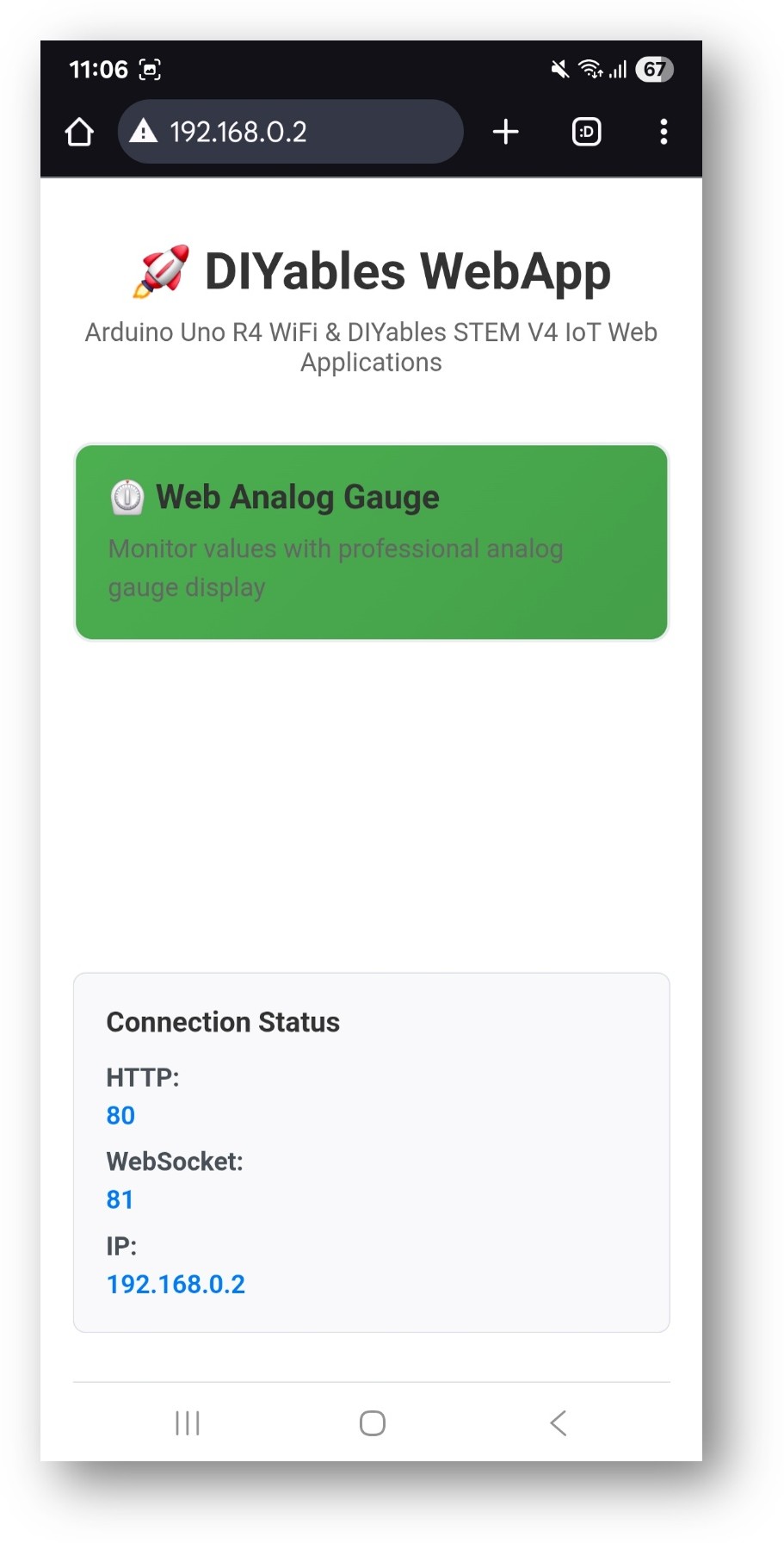 Arduino UNO R4 DIYables Web-App Startseite mit Web-Analoganzeige-App