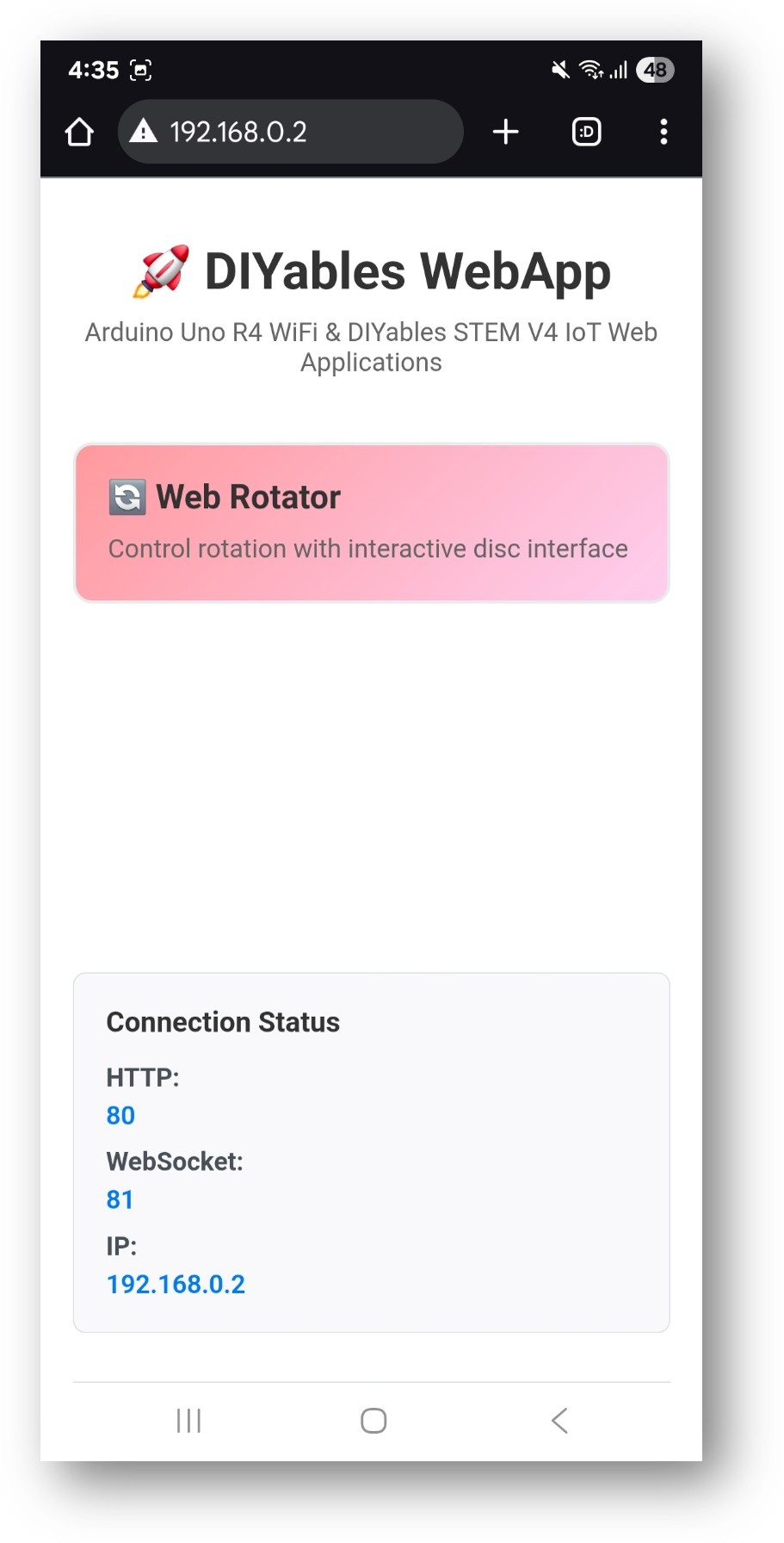 Arduino UNO R4 DIYables WebApp-Startseite mit Web-Rotator-App