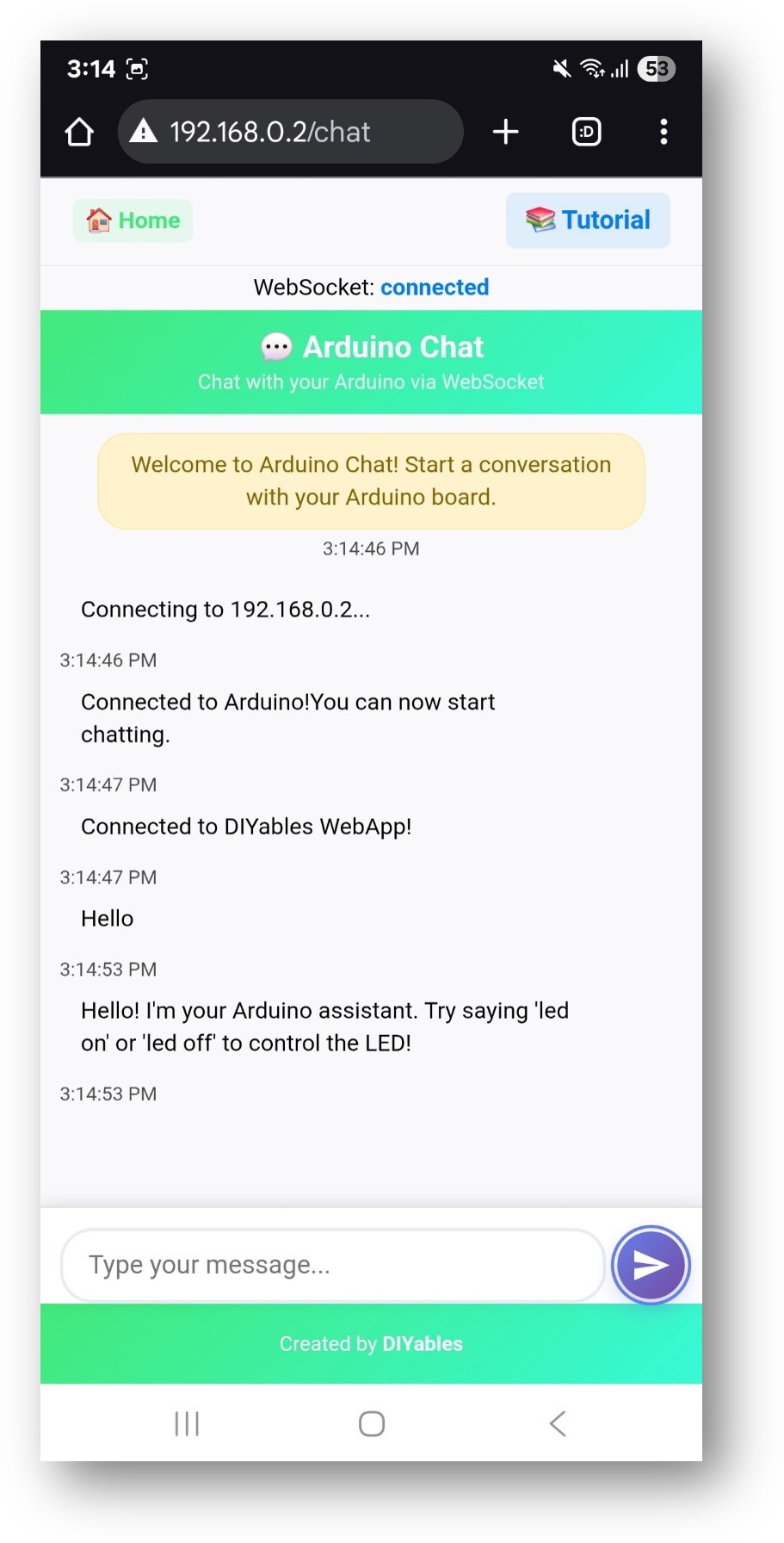 Arduino UNO R4 DIYables Web-App Web-Chat-App