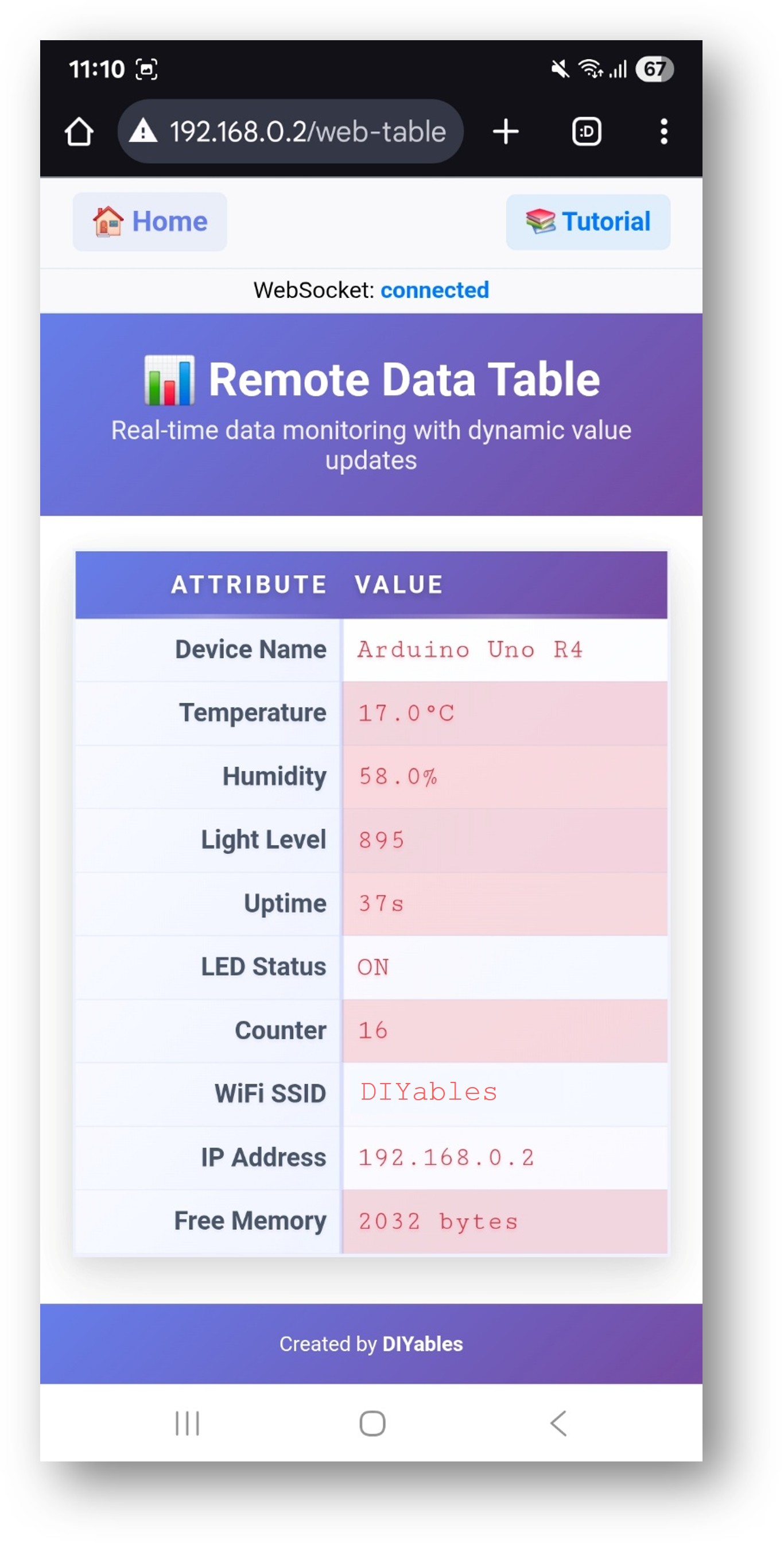 Arduino UNO R4 DIYables Web-App Web-Tabelle-App