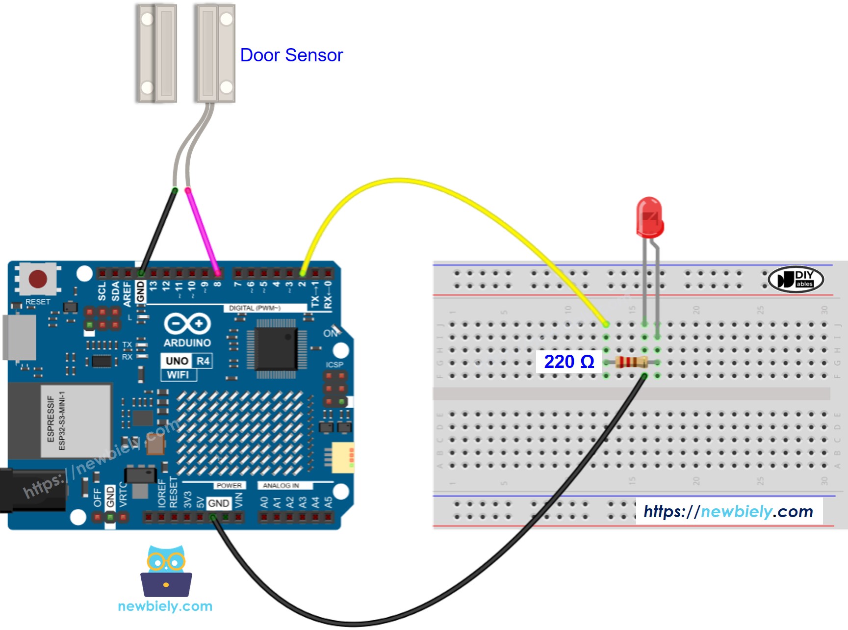 Arduino UNO R4 Türsensor LED-Verdrahtungsdiagramm