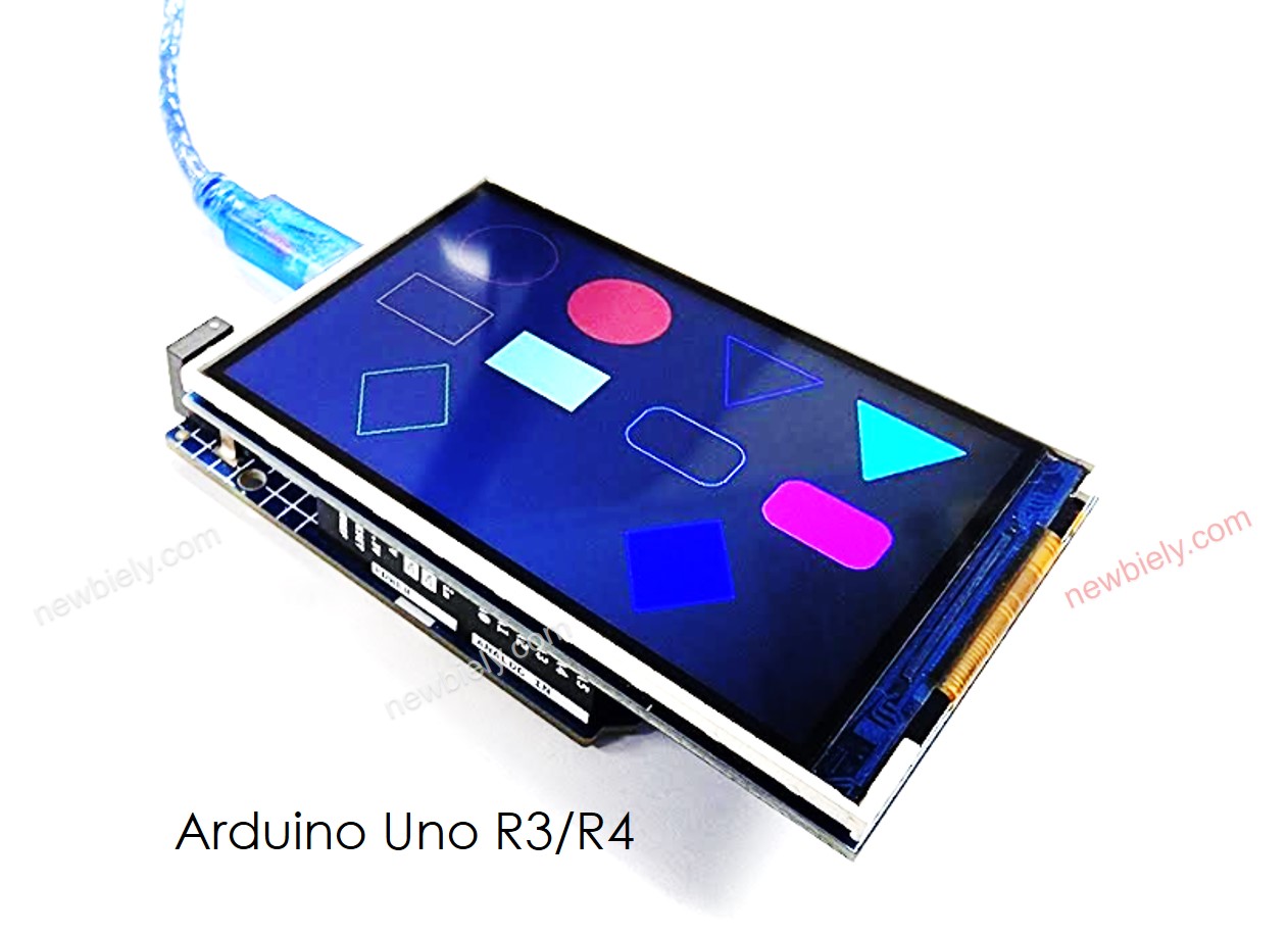 Arduino UNO R4 zeichnet Formen auf dem TFT-LCD-Display.