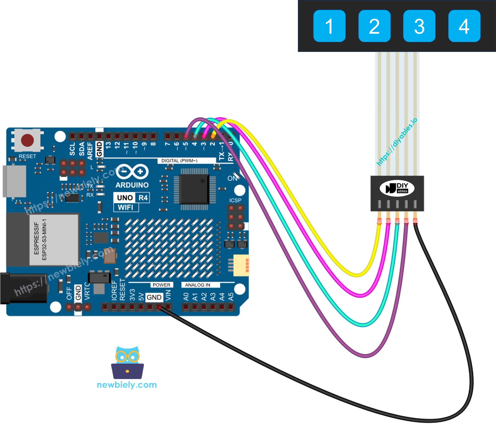 Arduino UNO R4 Tastenfeld 1x4 Verdrahtungsdiagramm