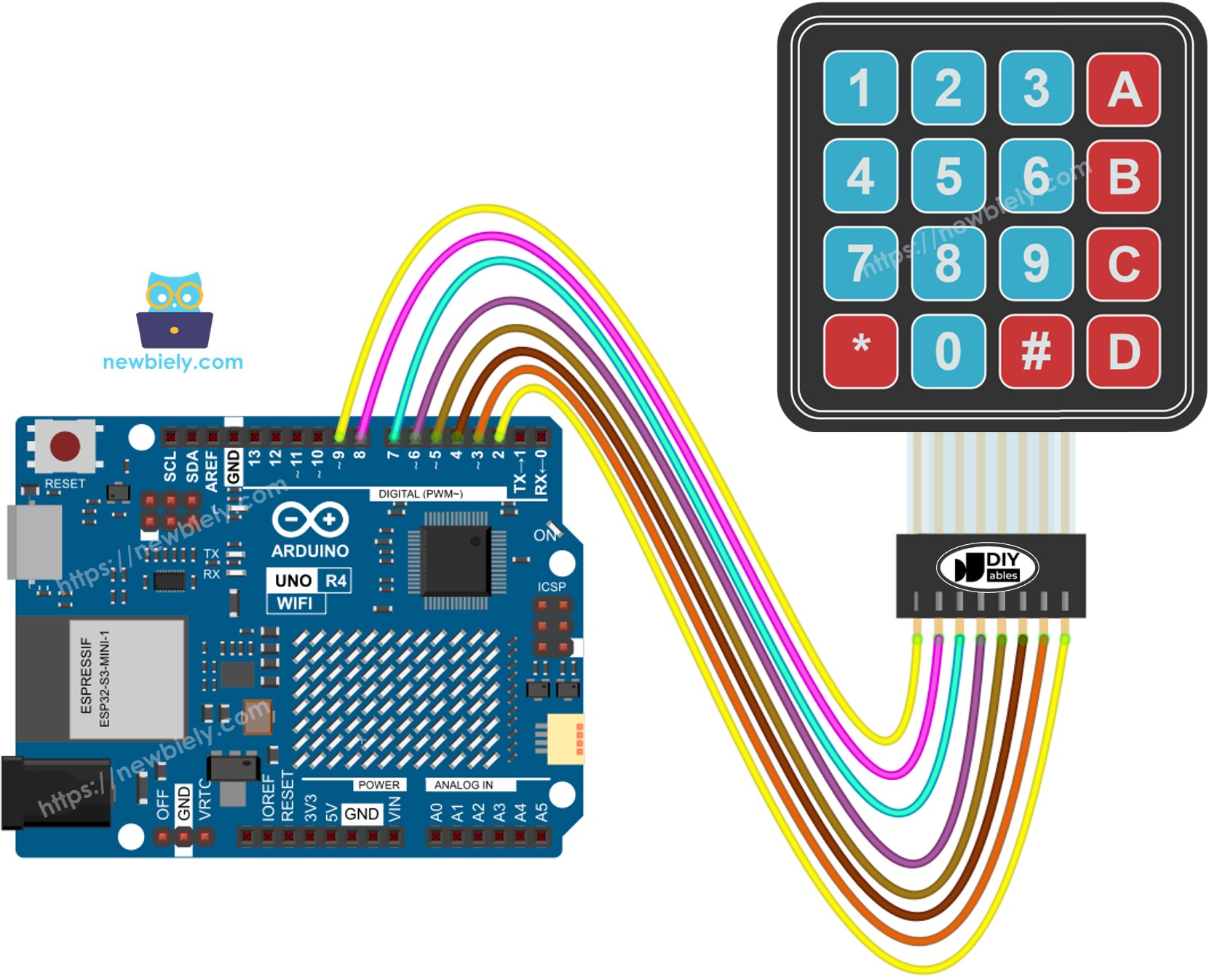 Arduino UNO R4 4x4-Tastenfeld Verdrahtungsdiagramm