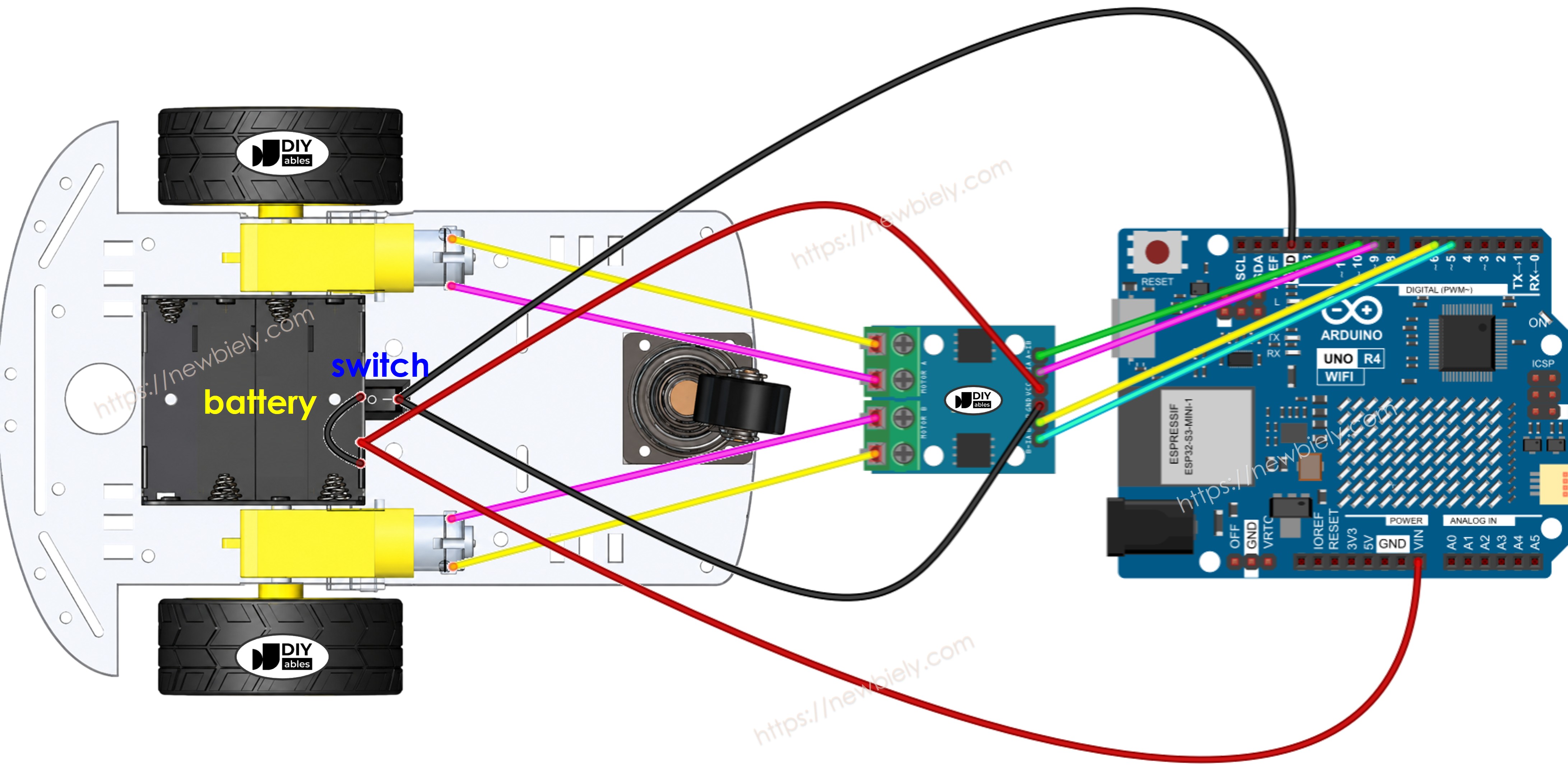 Arduino UNO R4 2WD RC-Car Verdrahtungsdiagramm