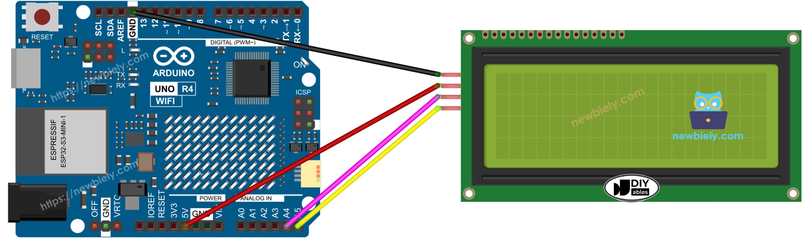 Arduino UNO R4 LCD 20×4 I2C Verdrahtungsdiagramm