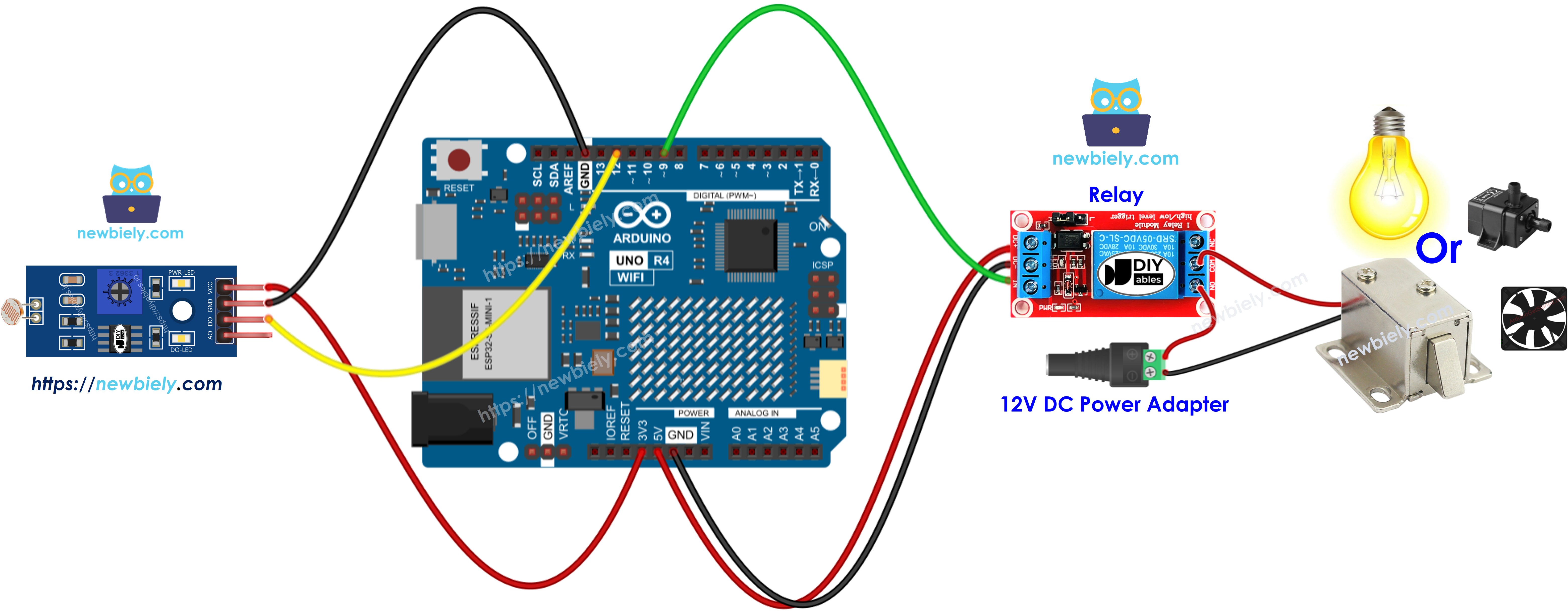 Arduino UNO R4 LDR-Lichtsensor-Modul Relais-Verdrahtungsdiagramm