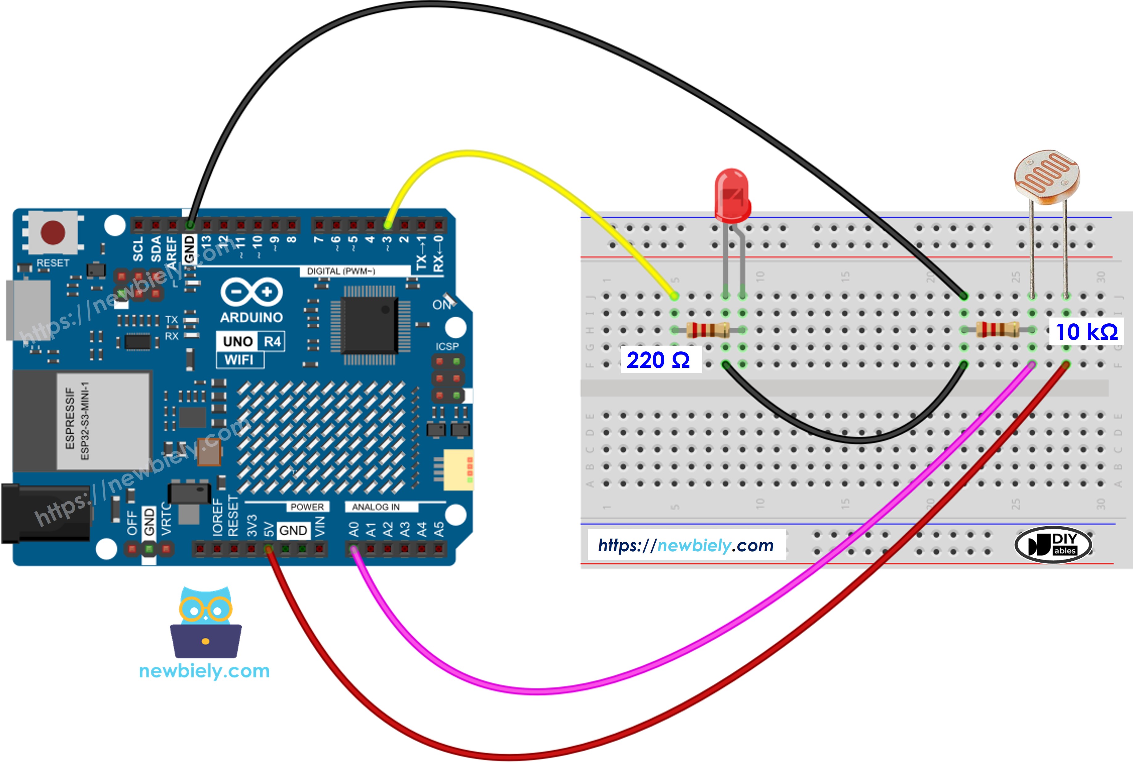 Arduino UNO R4 Lichtsensor LED Verdrahtungsdiagramm
