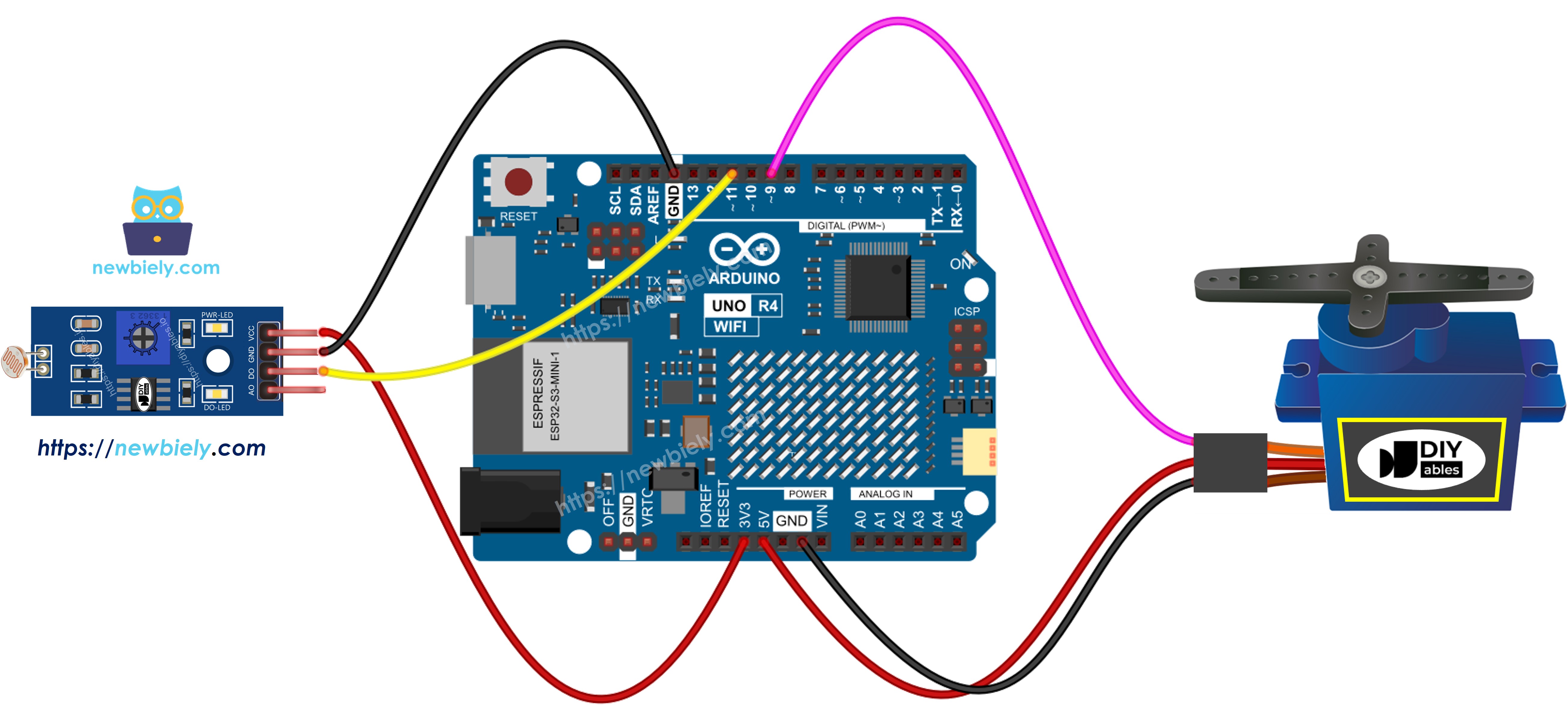 Arduino UNO R4 Lichtsensor-Modul Servomotor-Verdrahtungsdiagramm