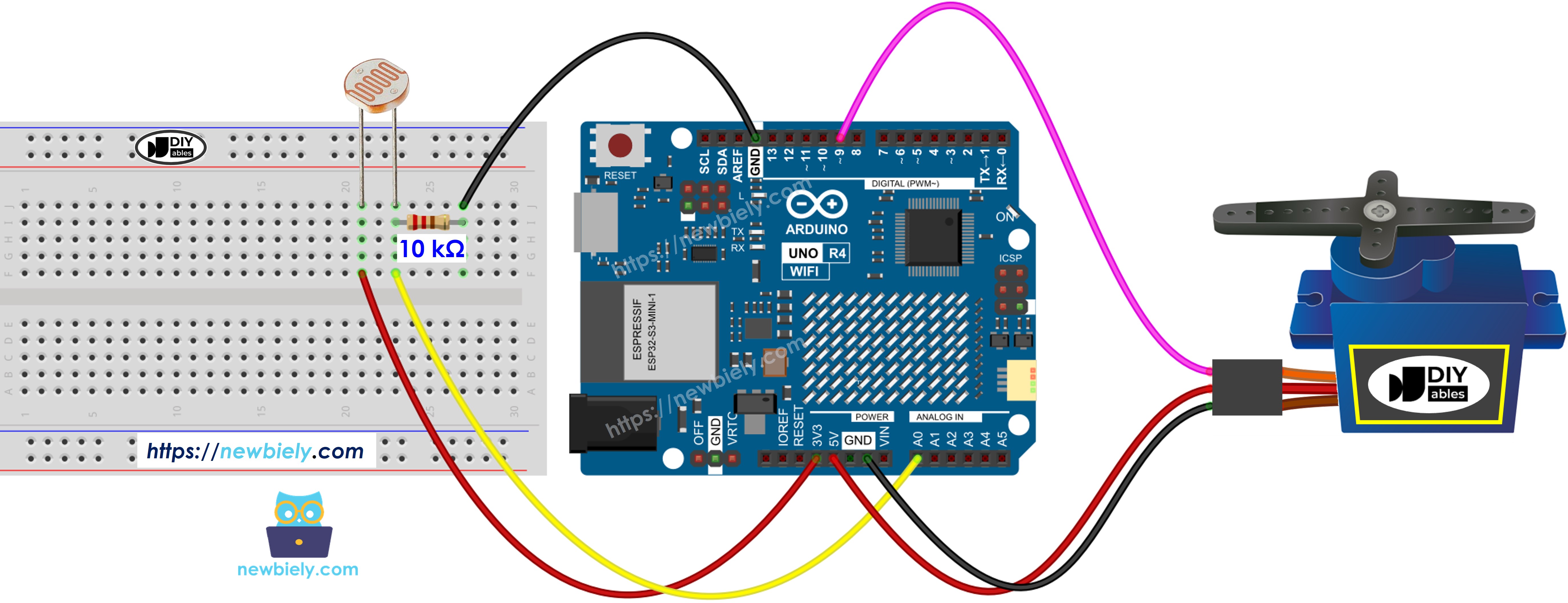 Arduino UNO R4 Lichtsensor-Servomotor Verdrahtungsdiagramm