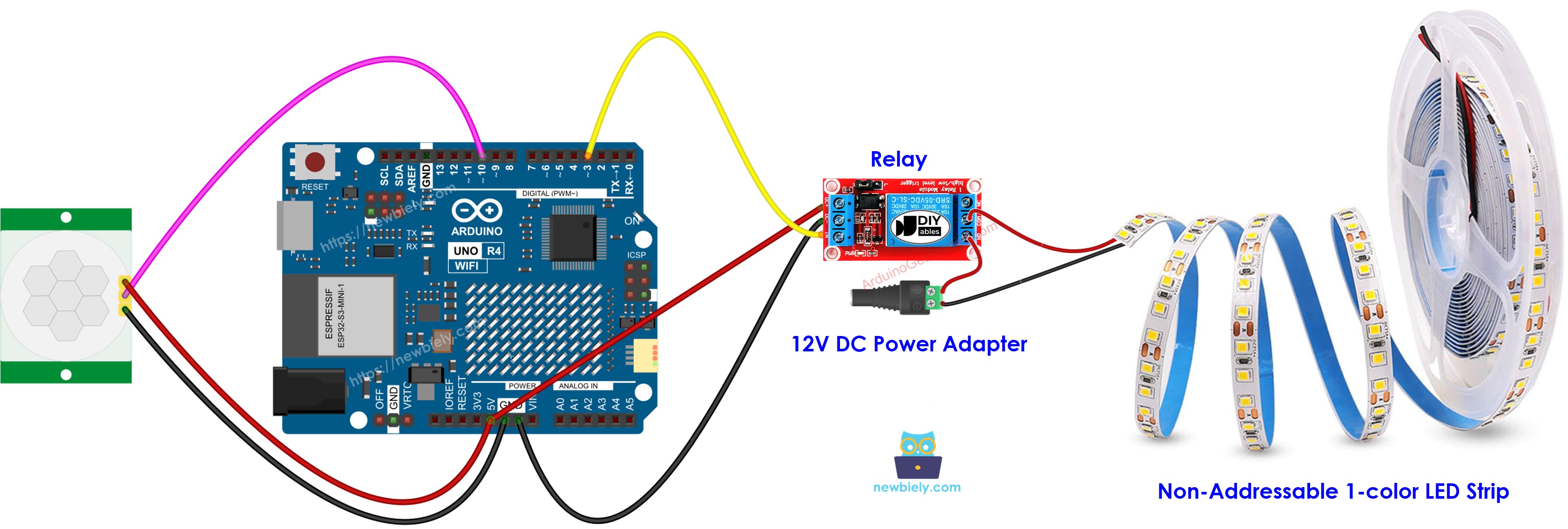 Arduino UNO R4 Bewegungssensor LED-Streifen Schaltplan
