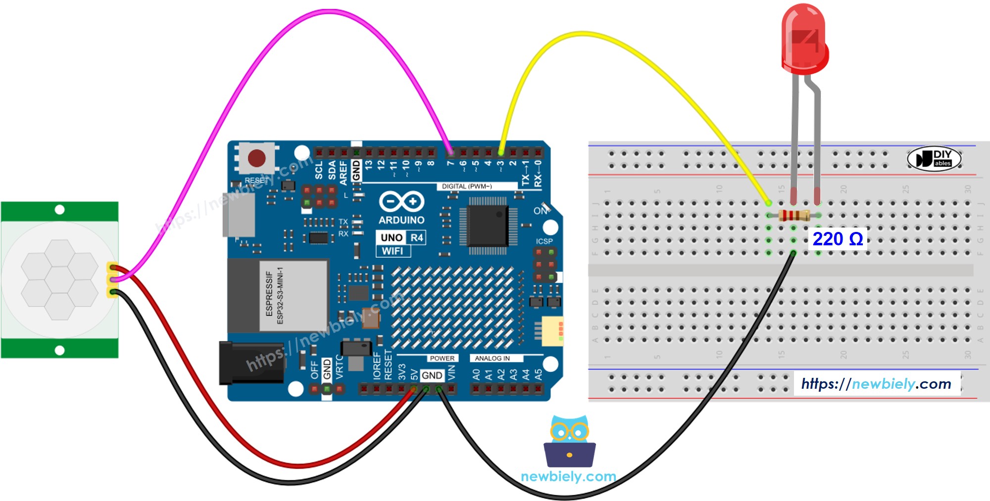 Arduino UNO R4 Bewegungssensor LED-Verdrahtungsdiagramm