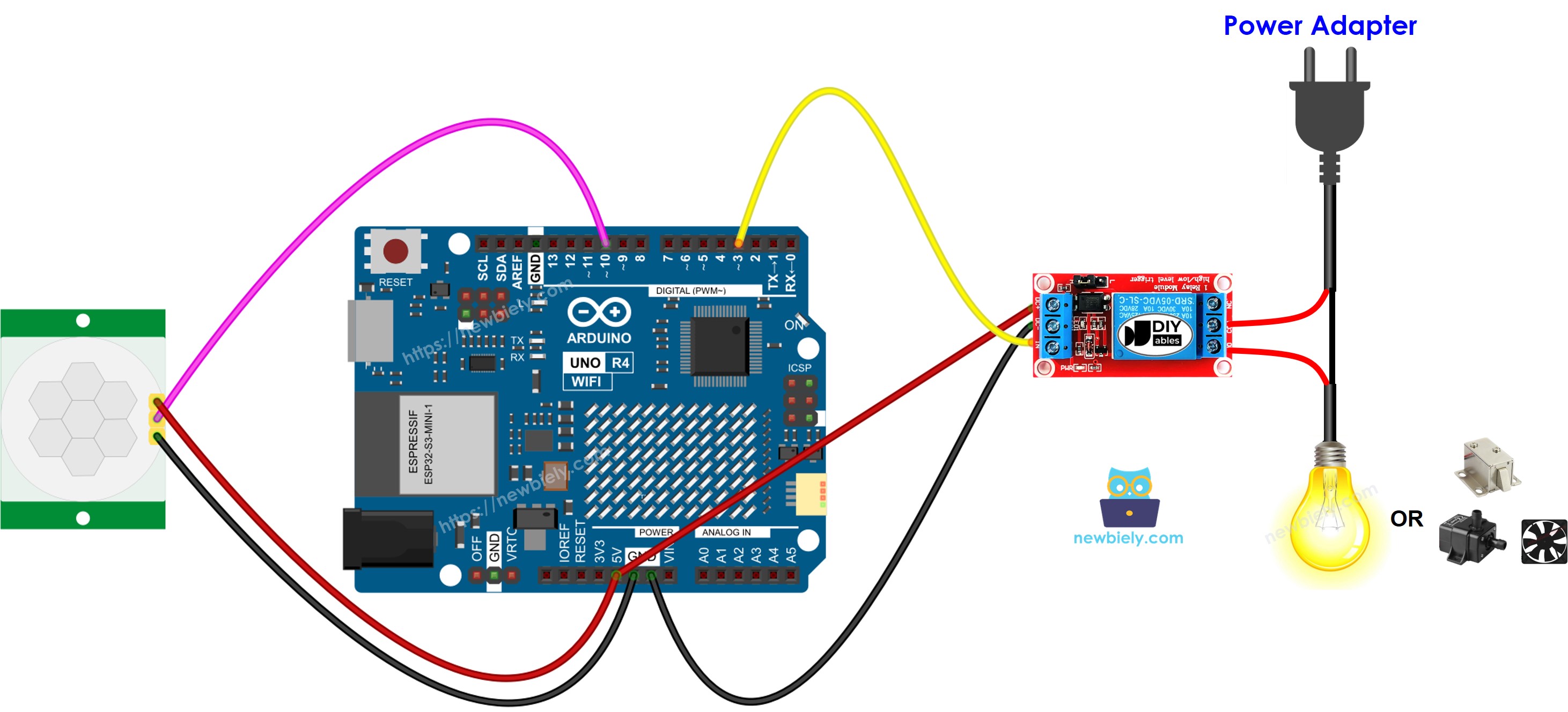 Arduino UNO R4 Bewegungssensor-Relais-Schaltplan